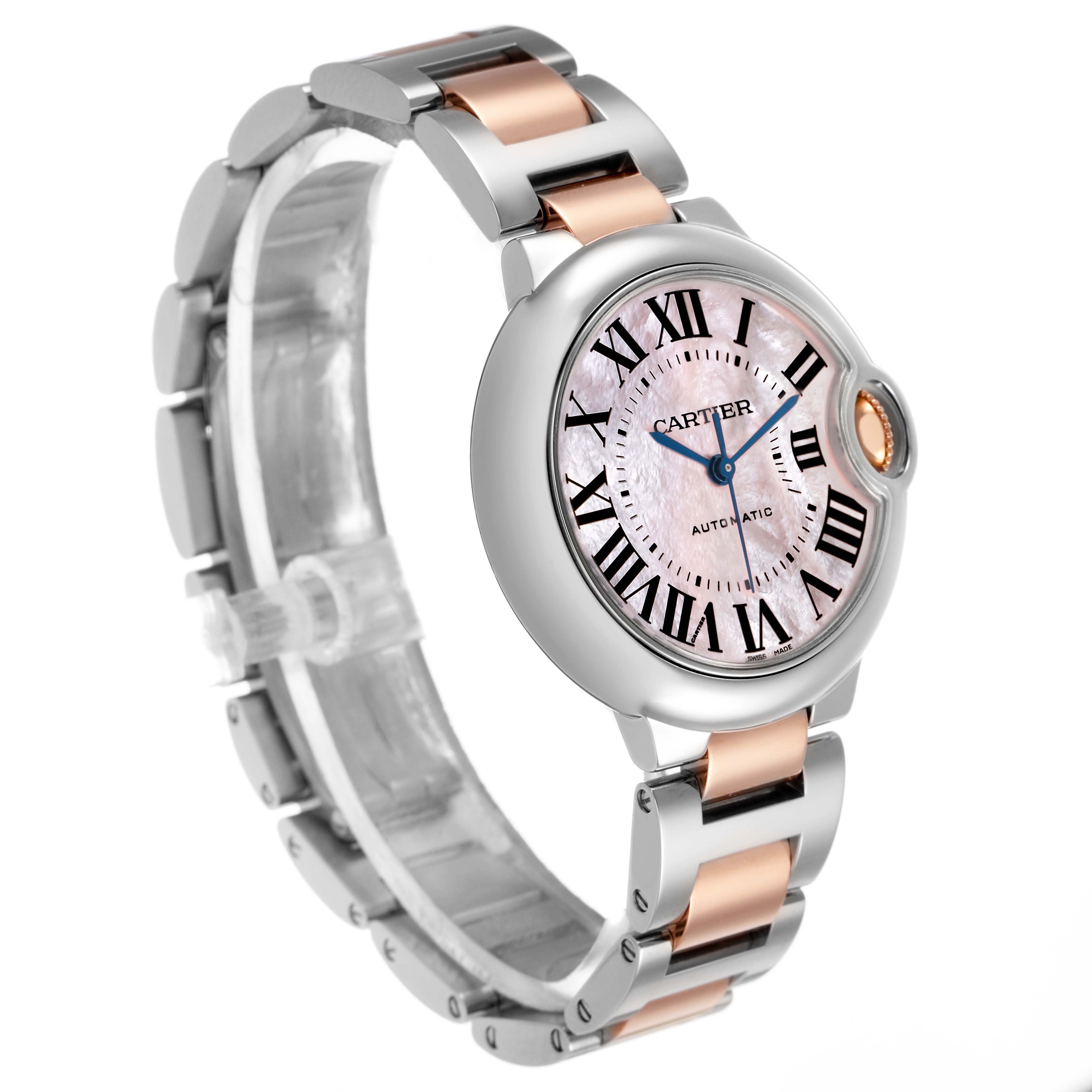 The Cartier Ballon Bleu W6920070 Women's Steel and Gold (two tone) Mother of Pearl Dial watch is shown at a three-quarter angle, displaying the face, crown, and part of the bracelet.