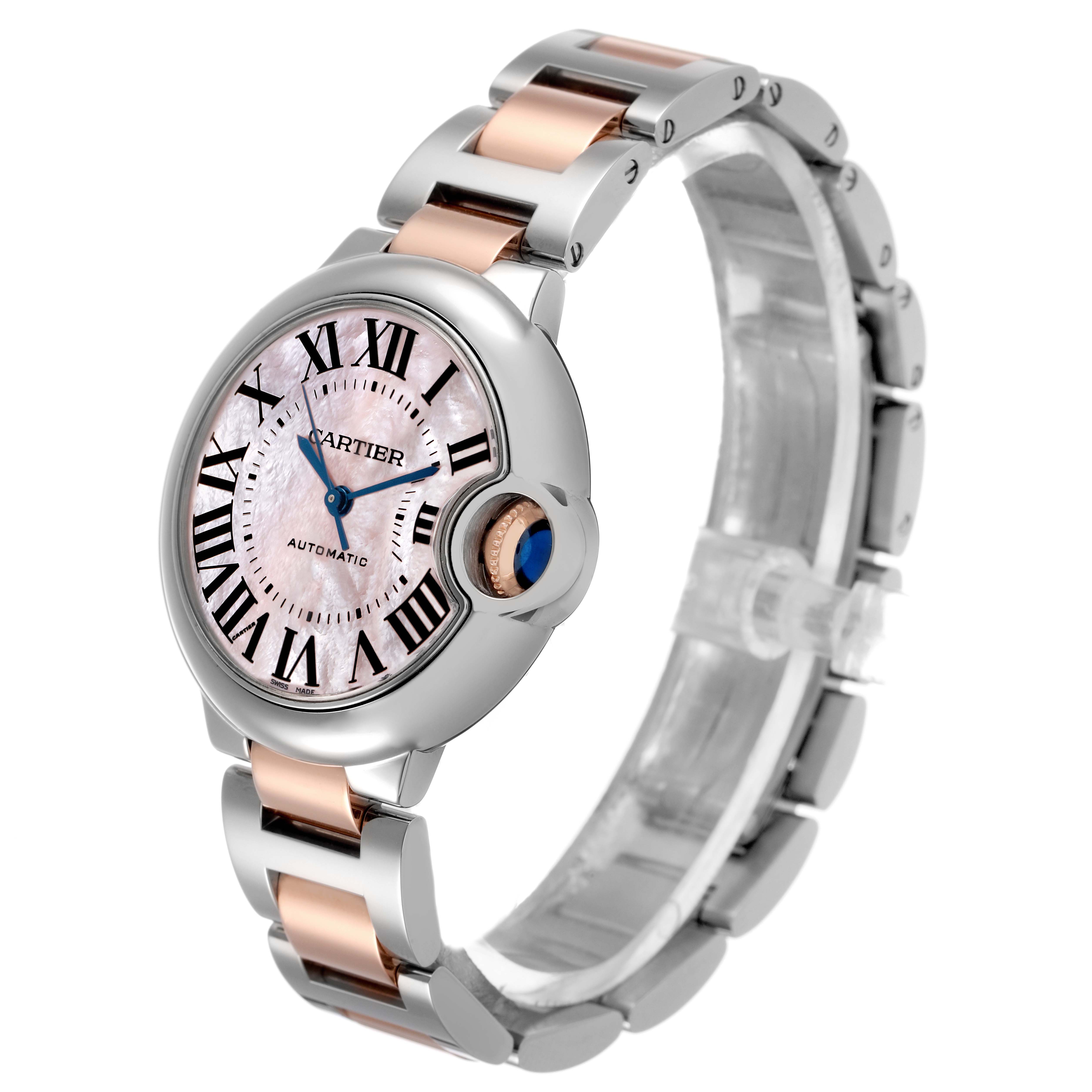 The Cartier Ballon Bleu W6920070 Women's Steel and Gold (two tone) Mother of Pearl Dial watch is shown at an angled side view, highlighting its round case and two-tone bracelet.