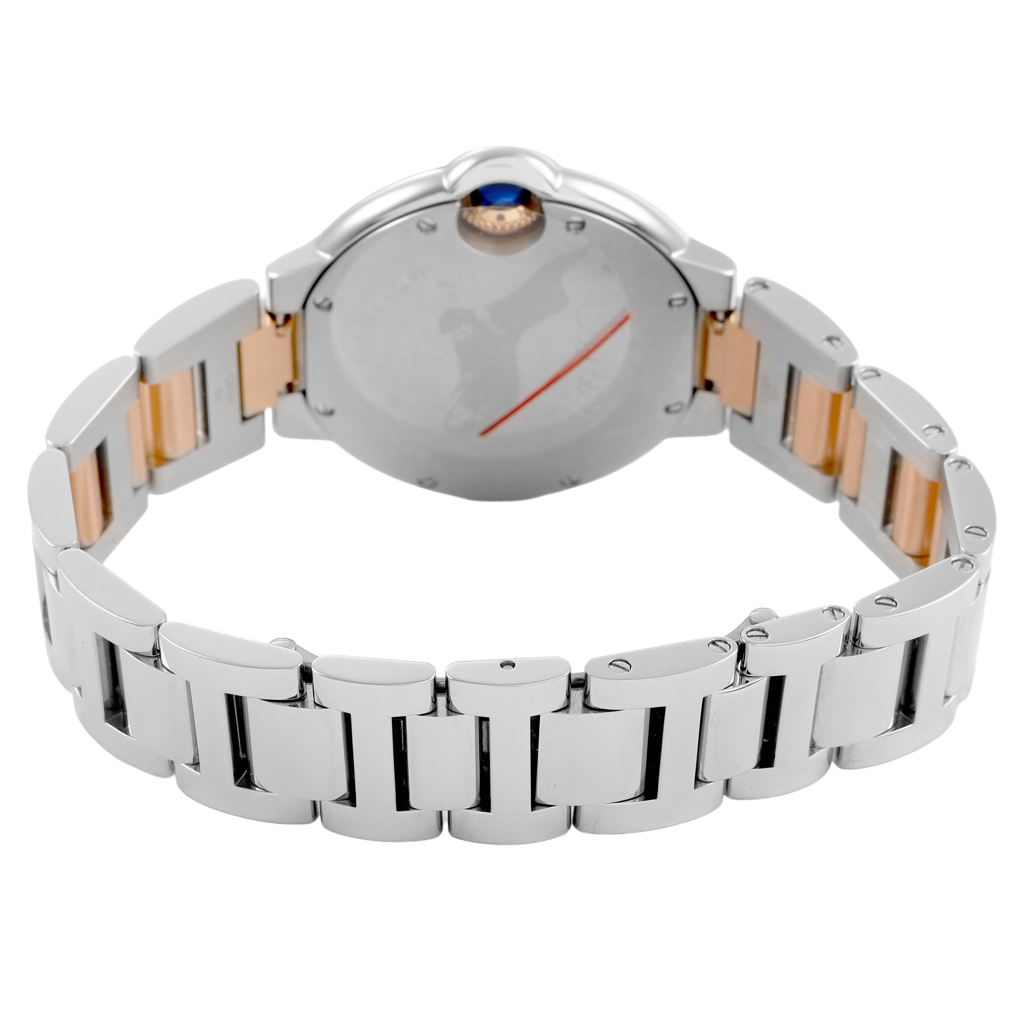 The Cartier Ballon Bleu W6920070 Women's Steel and Gold (two tone) Mother of Pearl Dial watch is shown from the back, highlighting the bracelet and case sides.