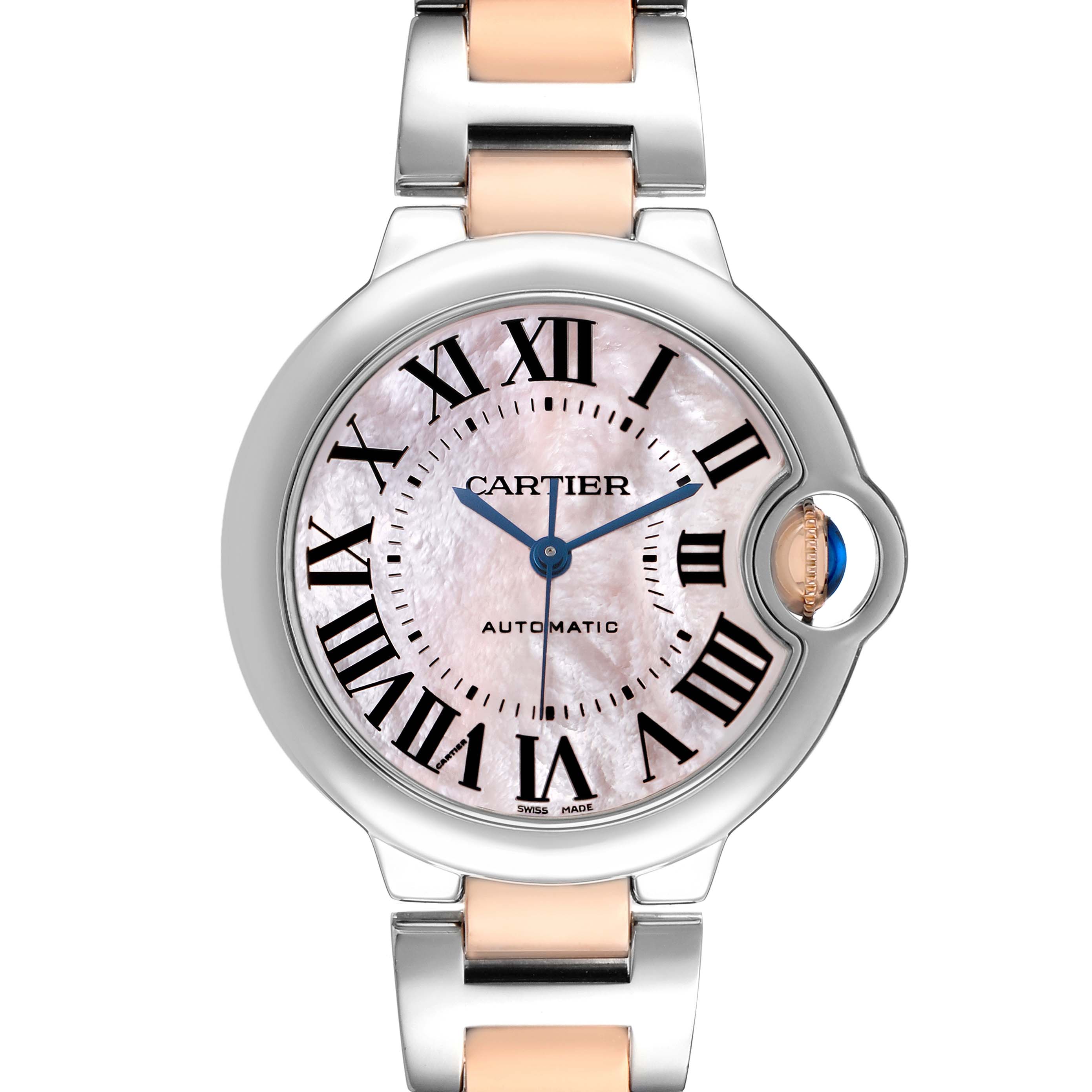 The Cartier Ballon Bleu W6920070 Women's Steel and Gold (two tone) Mother of Pearl Dial watch is shown from a front angle, highlighting its face, Roman numerals, and metal bracelet.