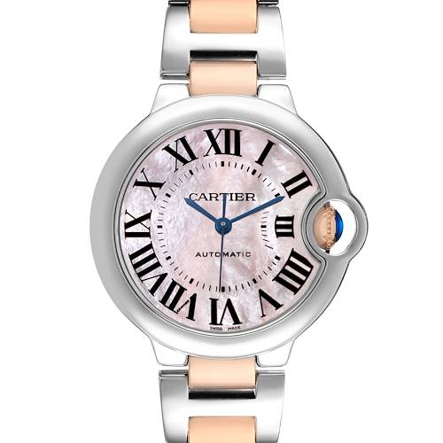 The image shows a front view of the Cartier Ballon Bleu W6920070 Women's Steel and Gold (two tone) Mother of Pearl Dial watch, highlighting its face, Roman numerals, and two-tone bracelet.