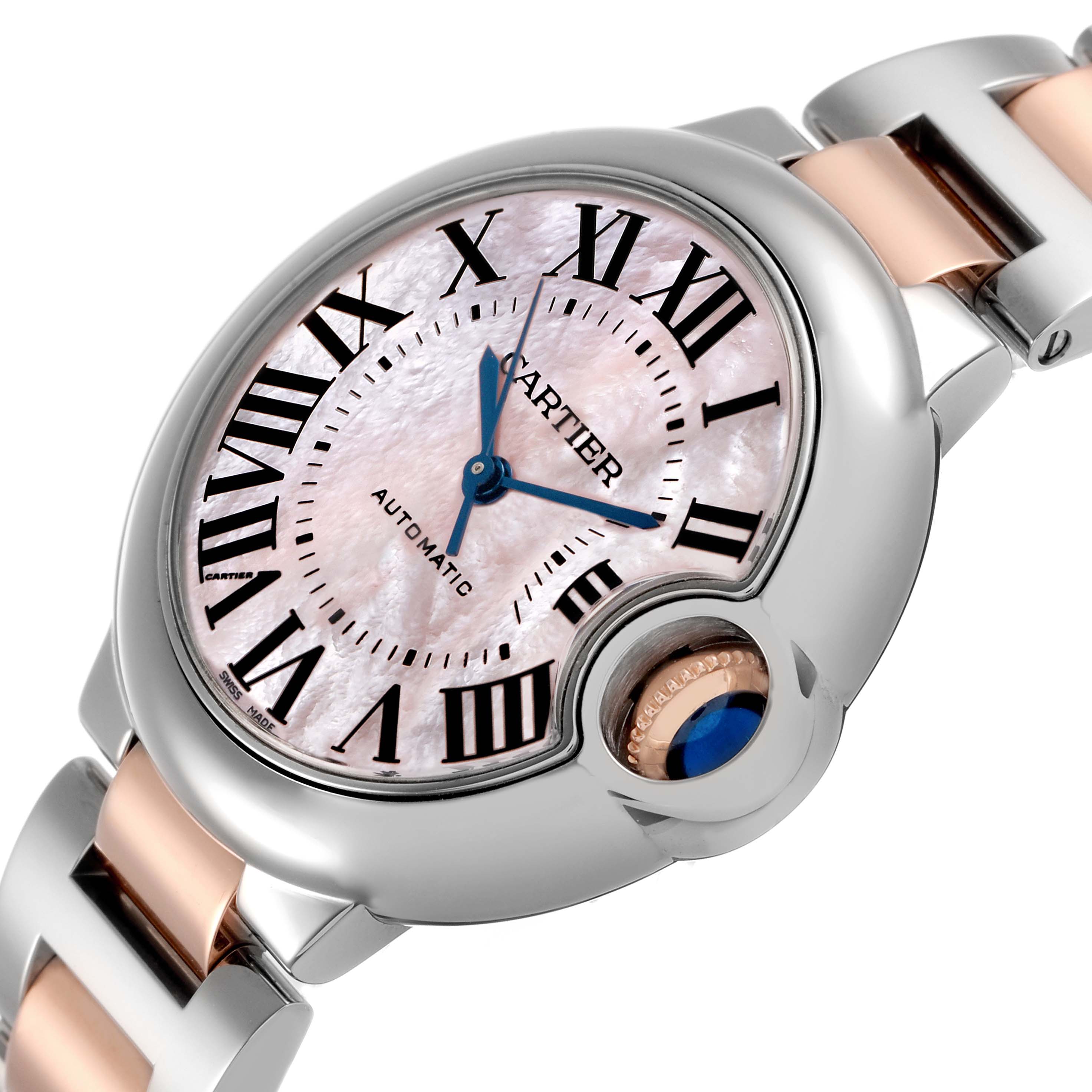 The Cartier Ballon Bleu W6920070 Women's Steel and Gold (two tone) Mother of Pearl Dial watch is shown at an angle highlighting the face, crown, and part of the bracelet.