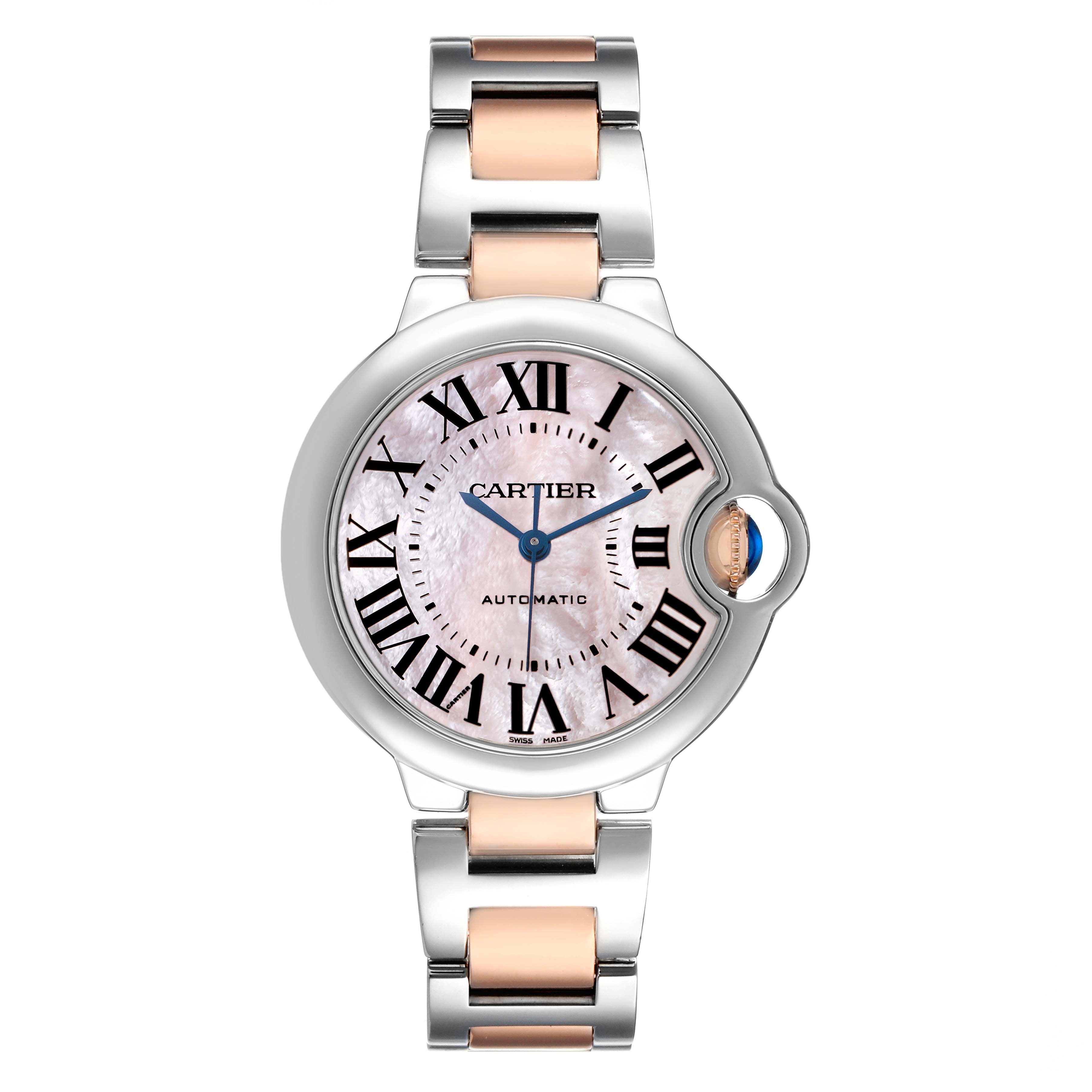 The Cartier Ballon Bleu W6920070 Women's Steel and Gold (two tone) Mother of Pearl Dial watch is shown from a top view, displaying the face, bracelet, and crown in focus.