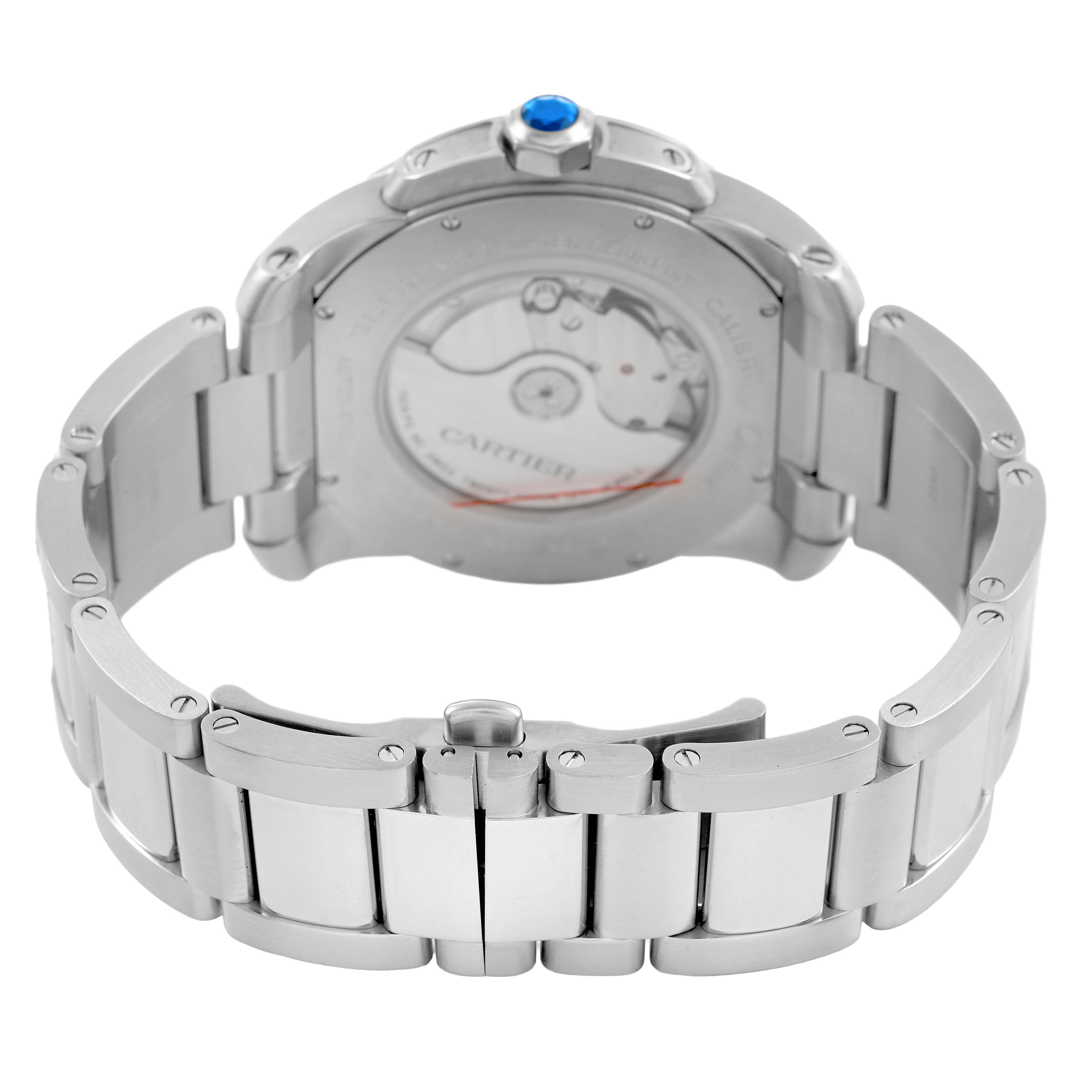 The image shows the back view of the Calibre de Cartier watch, highlighting its caseback and metal bracelet.