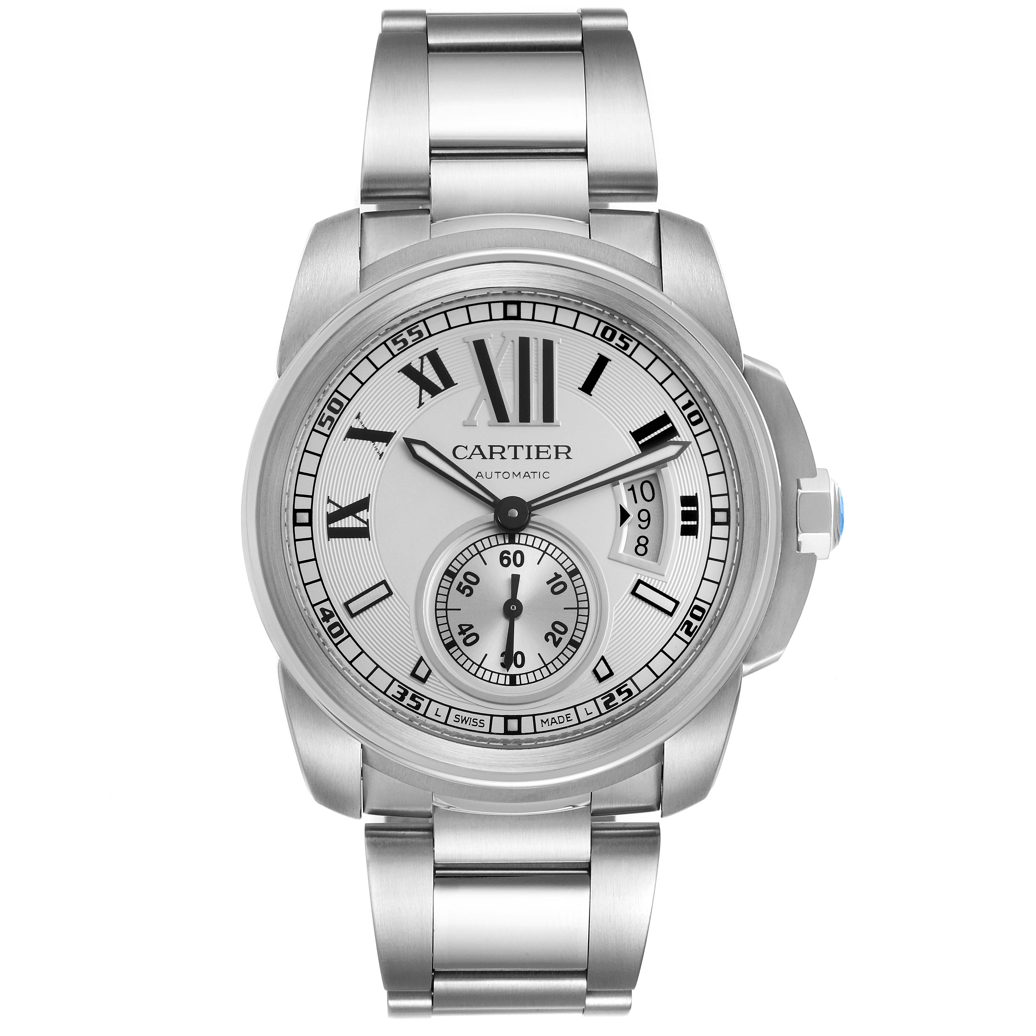The Calibre de Cartier watch by Cartier is shown from a front angle, displaying its face, bezel, bracelet, and crown.