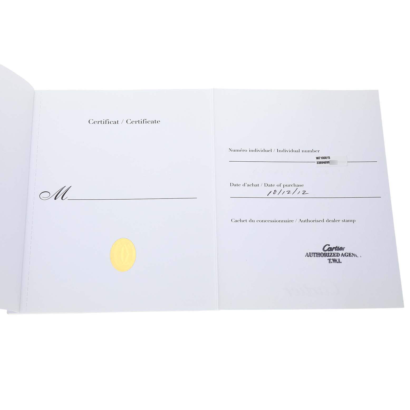 The image shows the certificate for the Calibre de Cartier model by Cartier, featuring purchase details and an authorized dealer stamp.