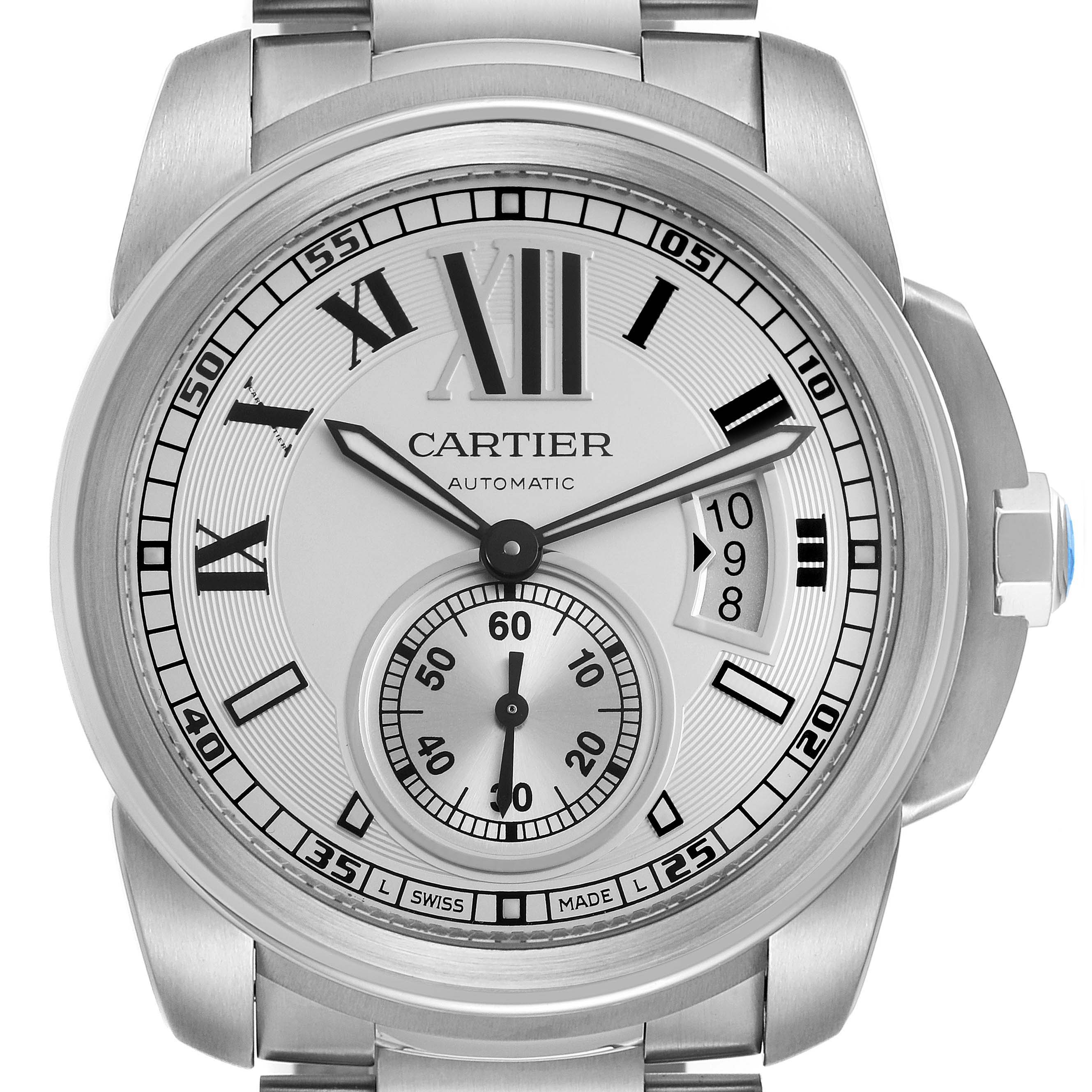 The image shows a front view of the Calibre de Cartier watch, displaying its dial, hands, date window, and Roman numerals.