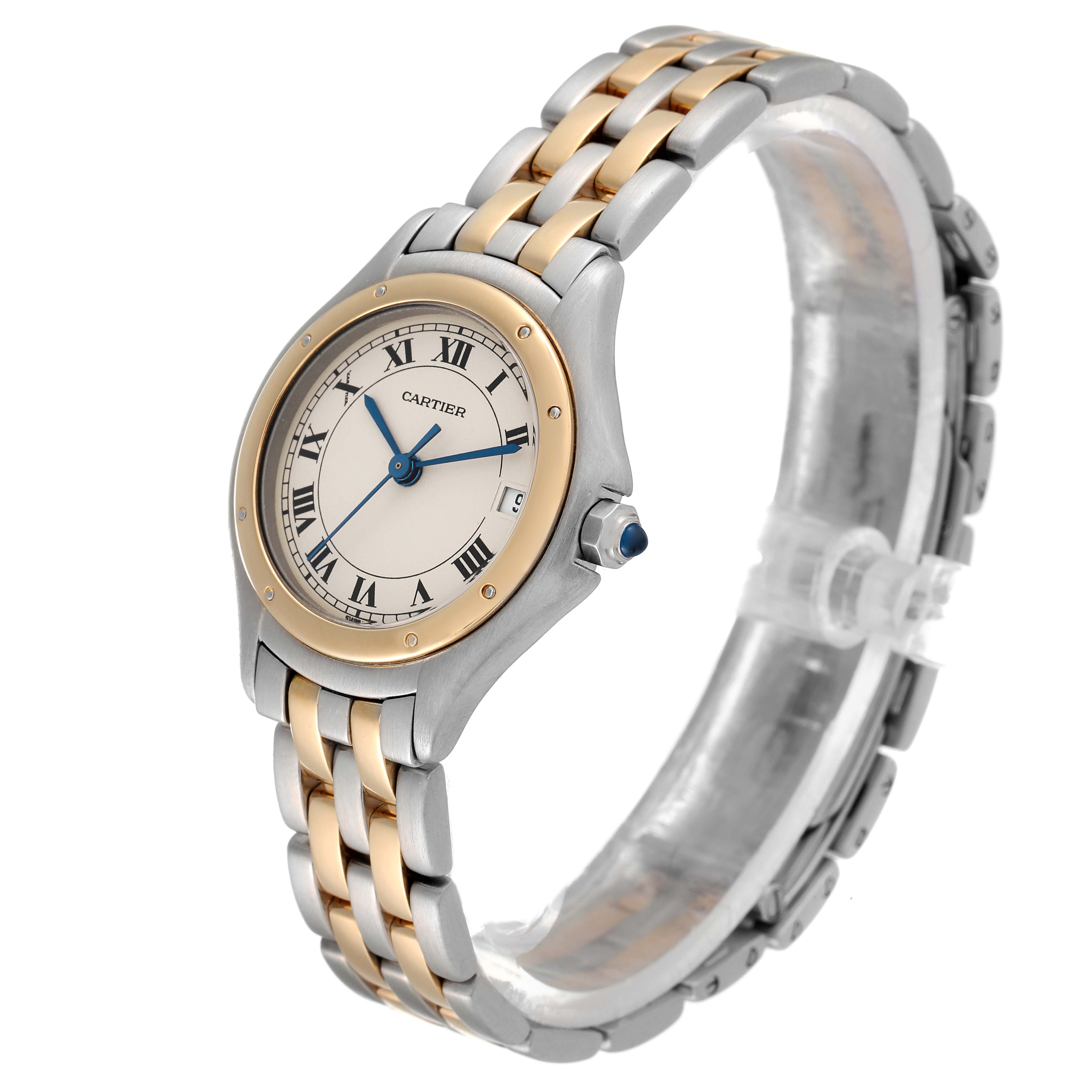 This image shows a Cartier Panthere W35005B6 Women's Steel and Gold (two tone) Silver Dial W35005B6 Women's Steel and Gold (two tone) Silver Dial watch at a three-quarter angle, showcasing the face, bezel, and two-tone bracelet.