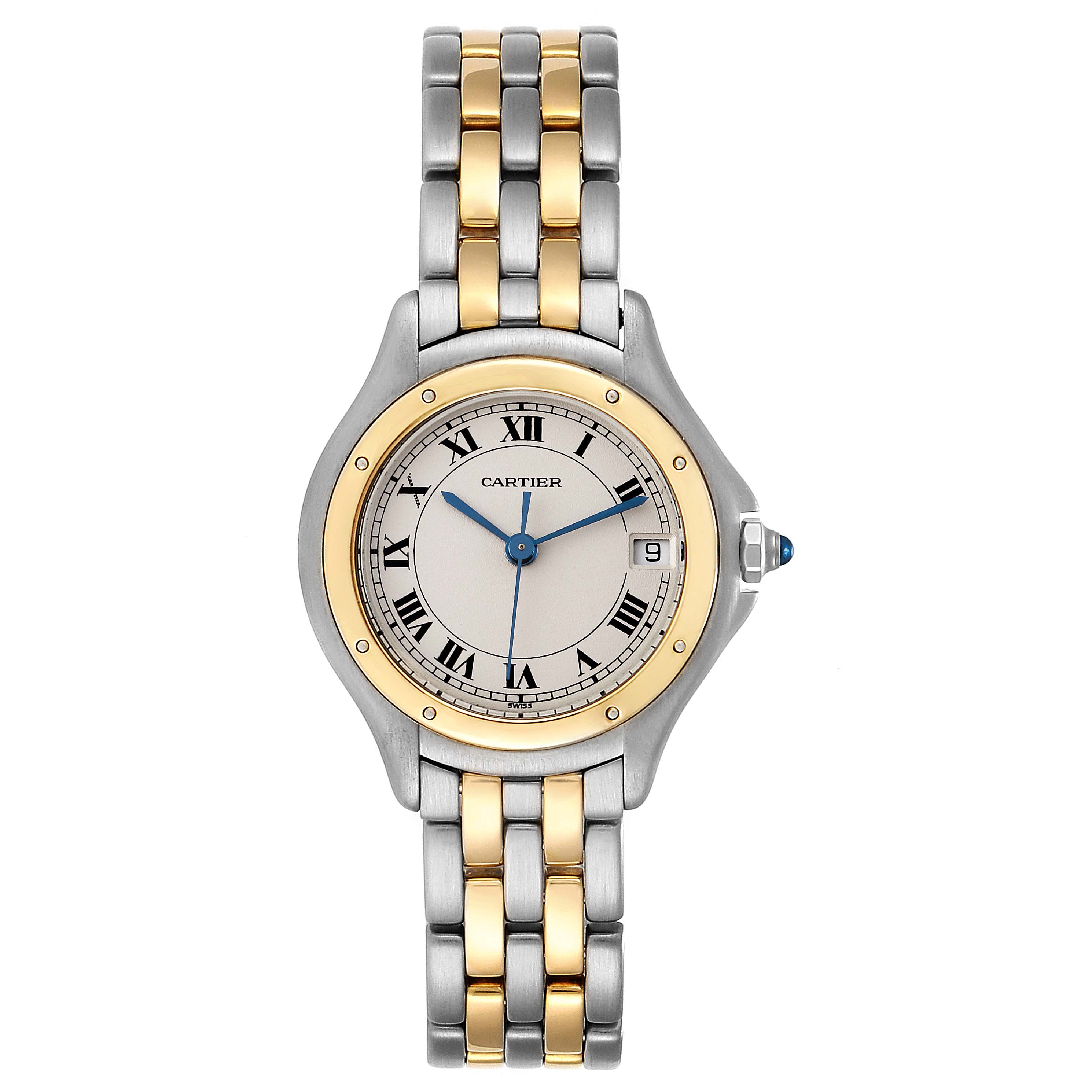 The image shows a front view of a Cartier Panthere W35005B6 Women's Steel and Gold (two tone) Silver Dial W35005B6 Women's Steel and Gold (two tone) Silver Dial watch, highlighting its two-tone bracelet, circular dial, and blue hands.