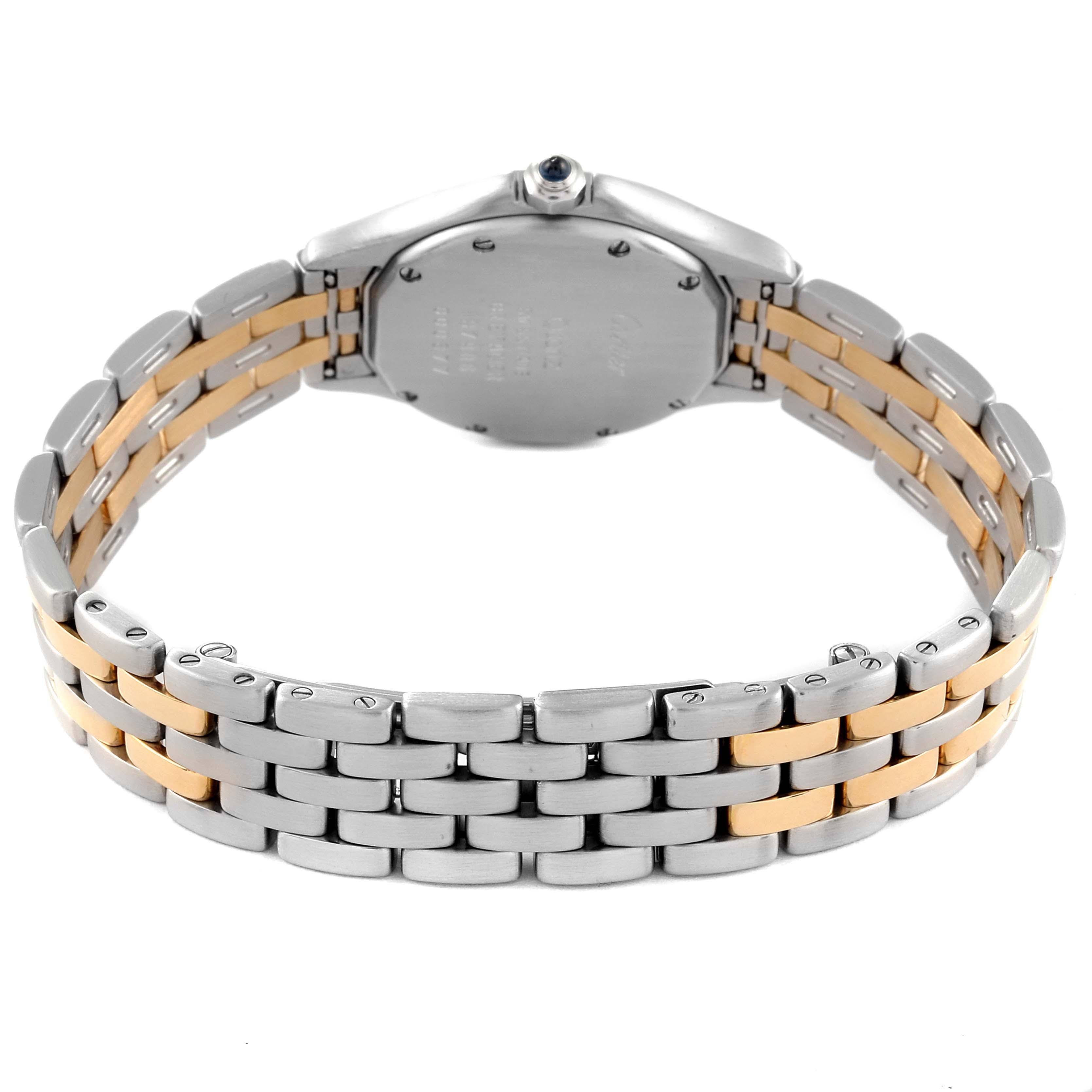 The image shows the back view of a Cartier Panthere W35005B6 Women's Steel and Gold (two tone) Silver Dial W35005B6 Women's Steel and Gold (two tone) Silver Dial watch, specifically highlighting the case back and two-tone bracelet.