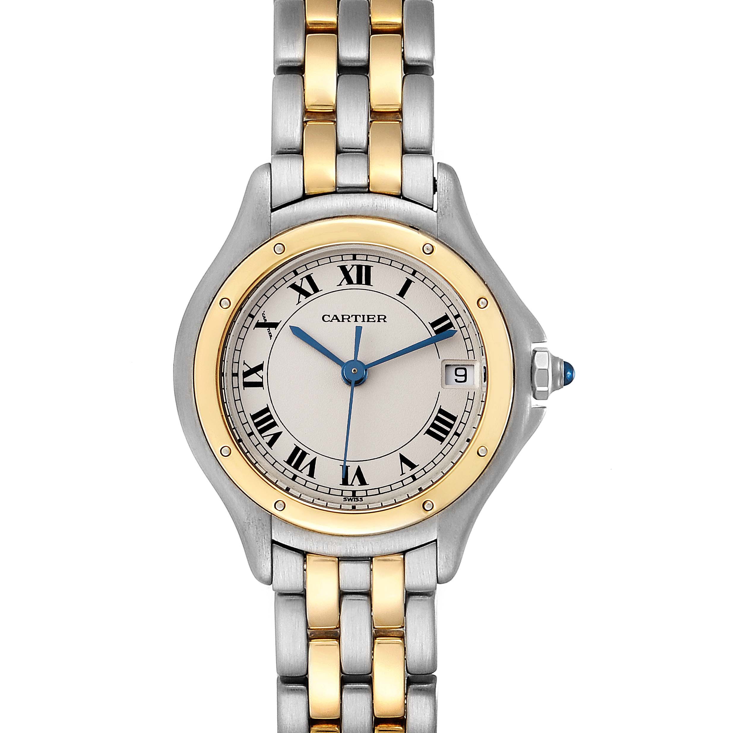 The Cartier Panthere W35005B6 Women's Steel and Gold (two tone) Silver Dial W35005B6 Women's Steel and Gold (two tone) Silver Dial watch is shown from the front, displaying its dial, bezel, case, and two-tone metal bracelet.