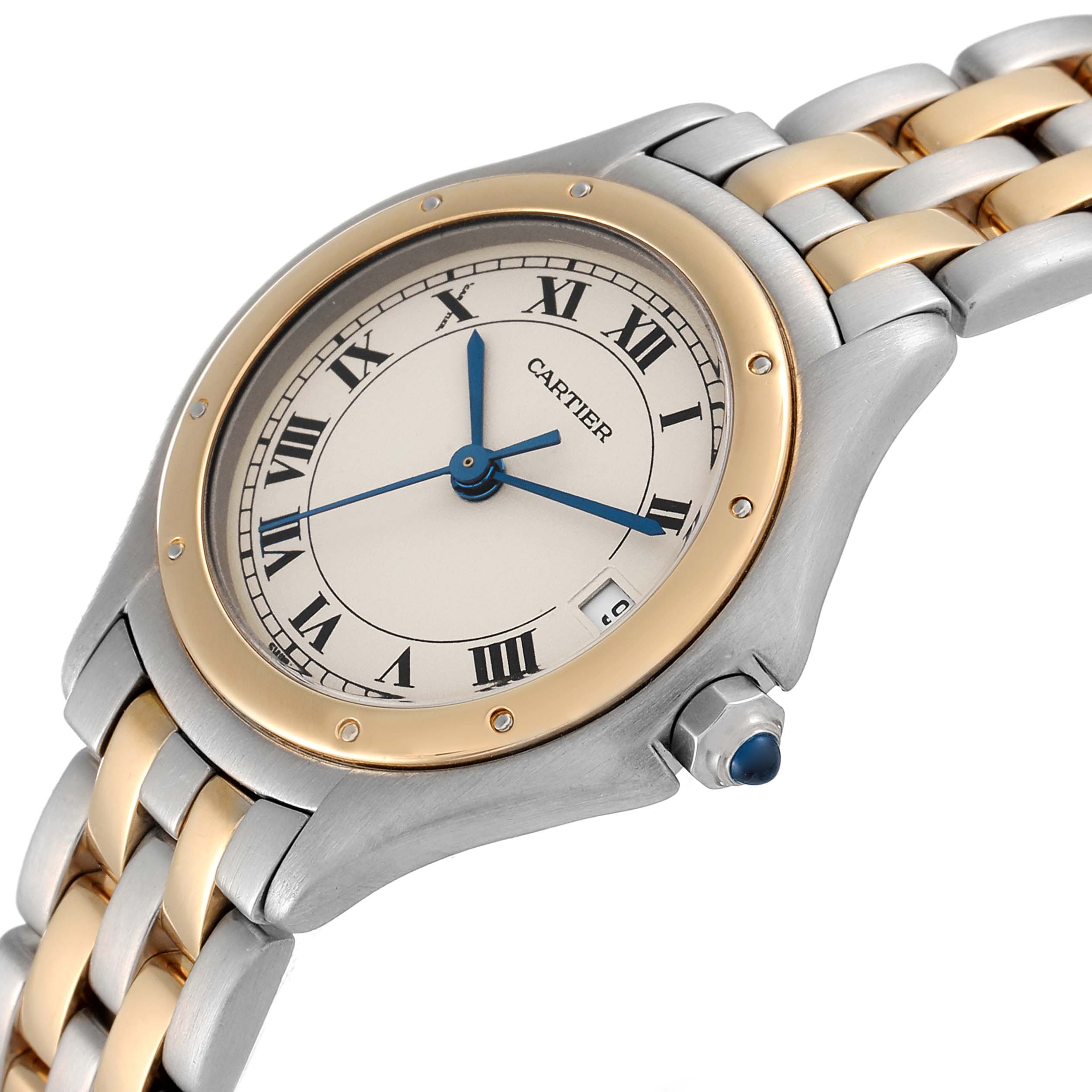 This image shows a close-up of the Cartier Panthere W35005B6 Women's Steel and Gold (two tone) Silver Dial W35005B6 Women's Steel and Gold (two tone) Silver Dial model watch, highlighting its face, bezel, and part of the bracelet.