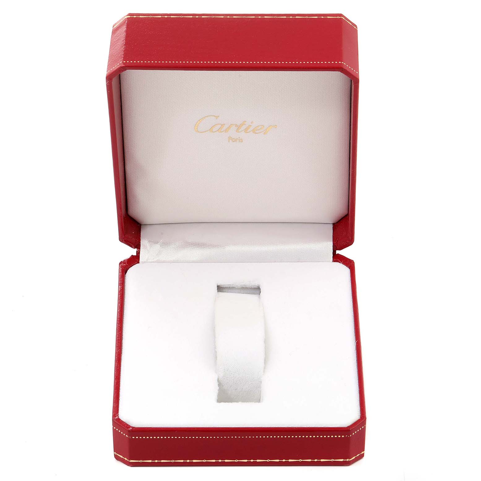 The image shows an empty red box for the Cartier Panthere W35005B6 Women's Steel and Gold (two tone) Silver Dial W35005B6 Women's Steel and Gold (two tone) Silver Dial model watch, displayed from the front with an open lid.