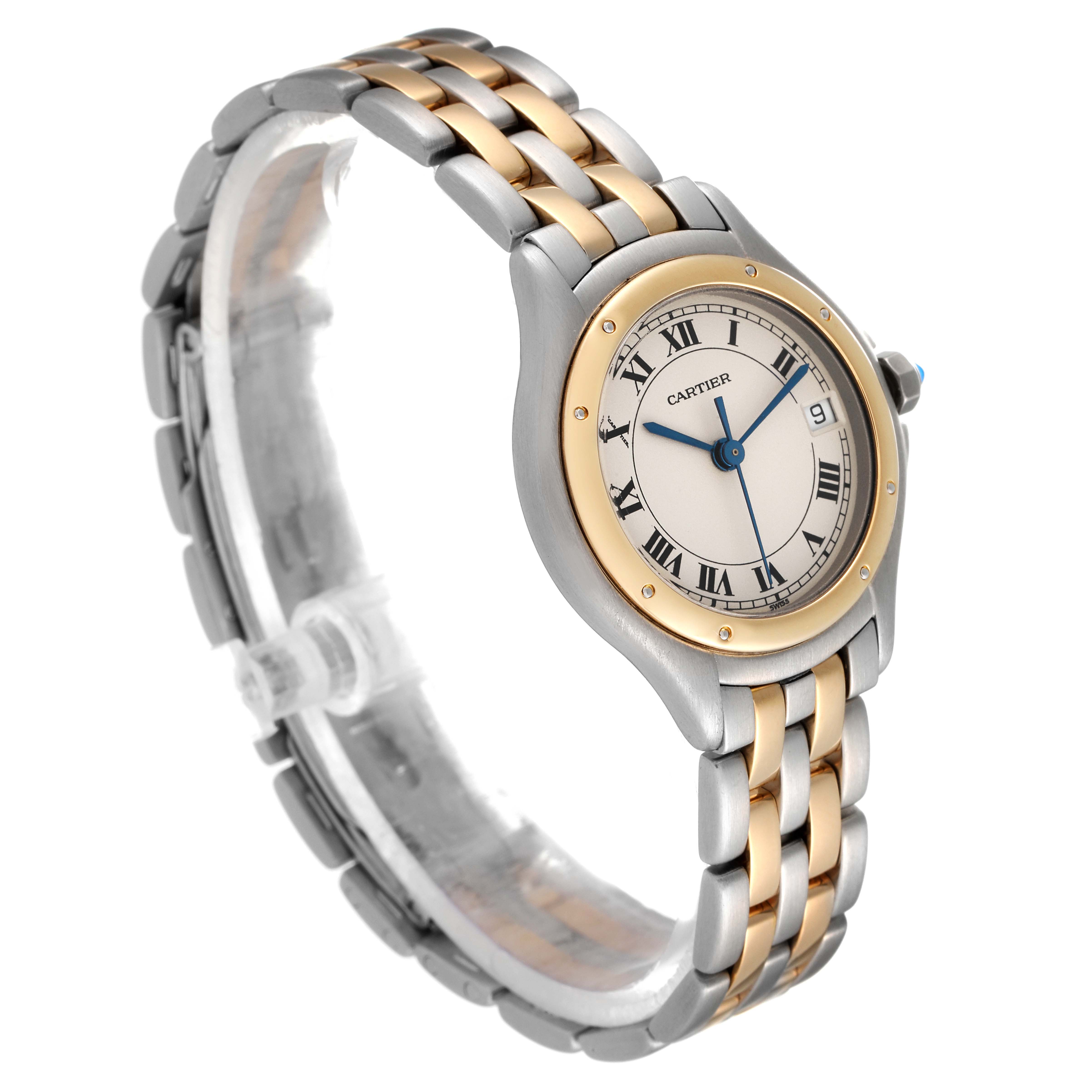 The image shows a slanted view of a Cartier Panthere W35005B6 Women's Steel and Gold (two tone) Silver Dial W35005B6 Women's Steel and Gold (two tone) Silver Dial watch highlighting the two-tone bracelet and Roman numeral dial.