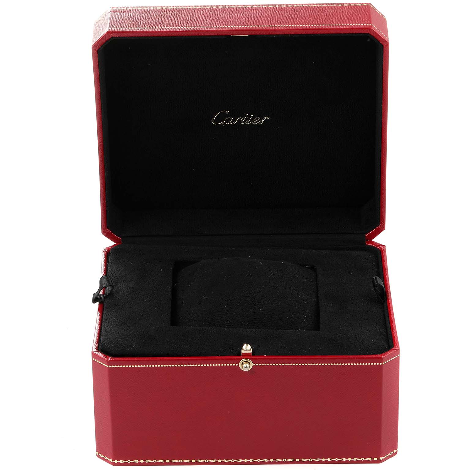 The image shows an open red Cartier Panthere W2502986 Women's Steel and Gold (two tone) Silver Dial W2502986 Women's Steel and Gold (two tone) Silver Dial watch box with a black interior.