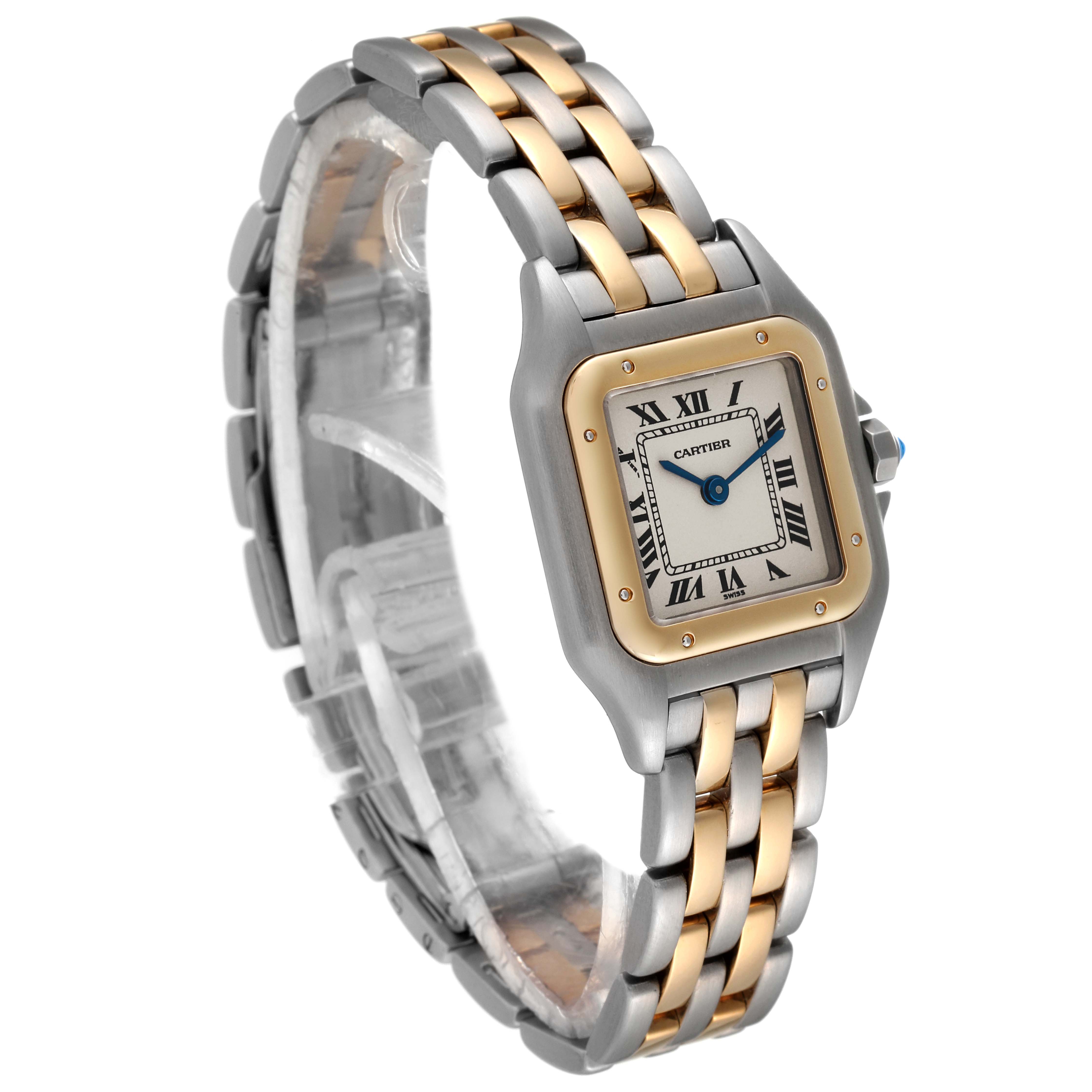 The image shows a Cartier Panthere W2502986 Women's Steel and Gold (two tone) Silver Dial W2502986 Women's Steel and Gold (two tone) Silver Dial watch angled slightly to the left, displaying its face and two-tone bracelet.