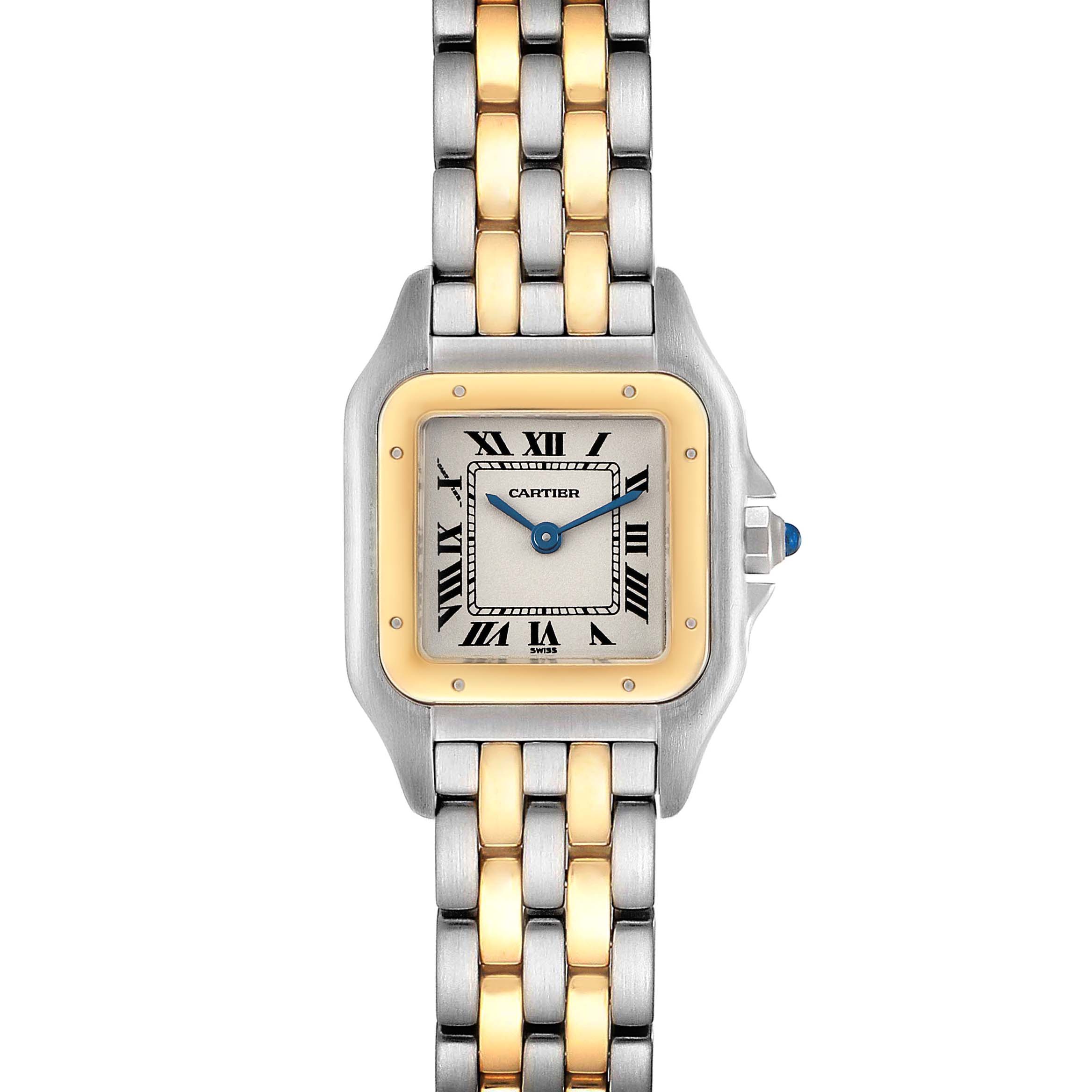 This image shows a front view of the Cartier Panthere W2502986 Women's Steel and Gold (two tone) Silver Dial W2502986 Women's Steel and Gold (two tone) Silver Dial watch, including the face, bezel, and two-tone bracelet.