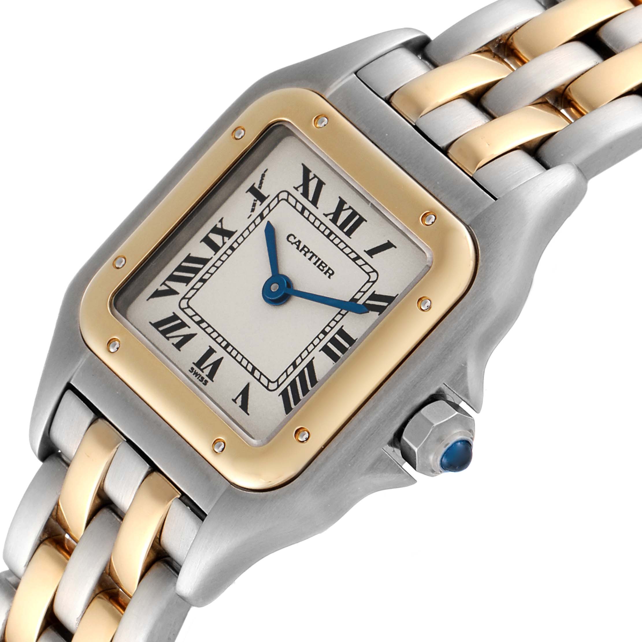 The image shows a Cartier Panthere W2502986 Women's Steel and Gold (two tone) Silver Dial W2502986 Women's Steel and Gold (two tone) Silver Dial watch face at a slight angle, showcasing the dial, bezel, and part of the bracelet.