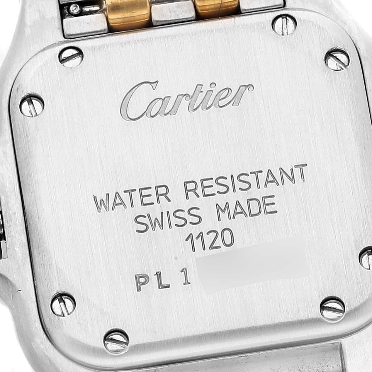 The image shows the back of a Panthère model watch by Cartier, highlighting the water resistance and "Swiss Made" markings.