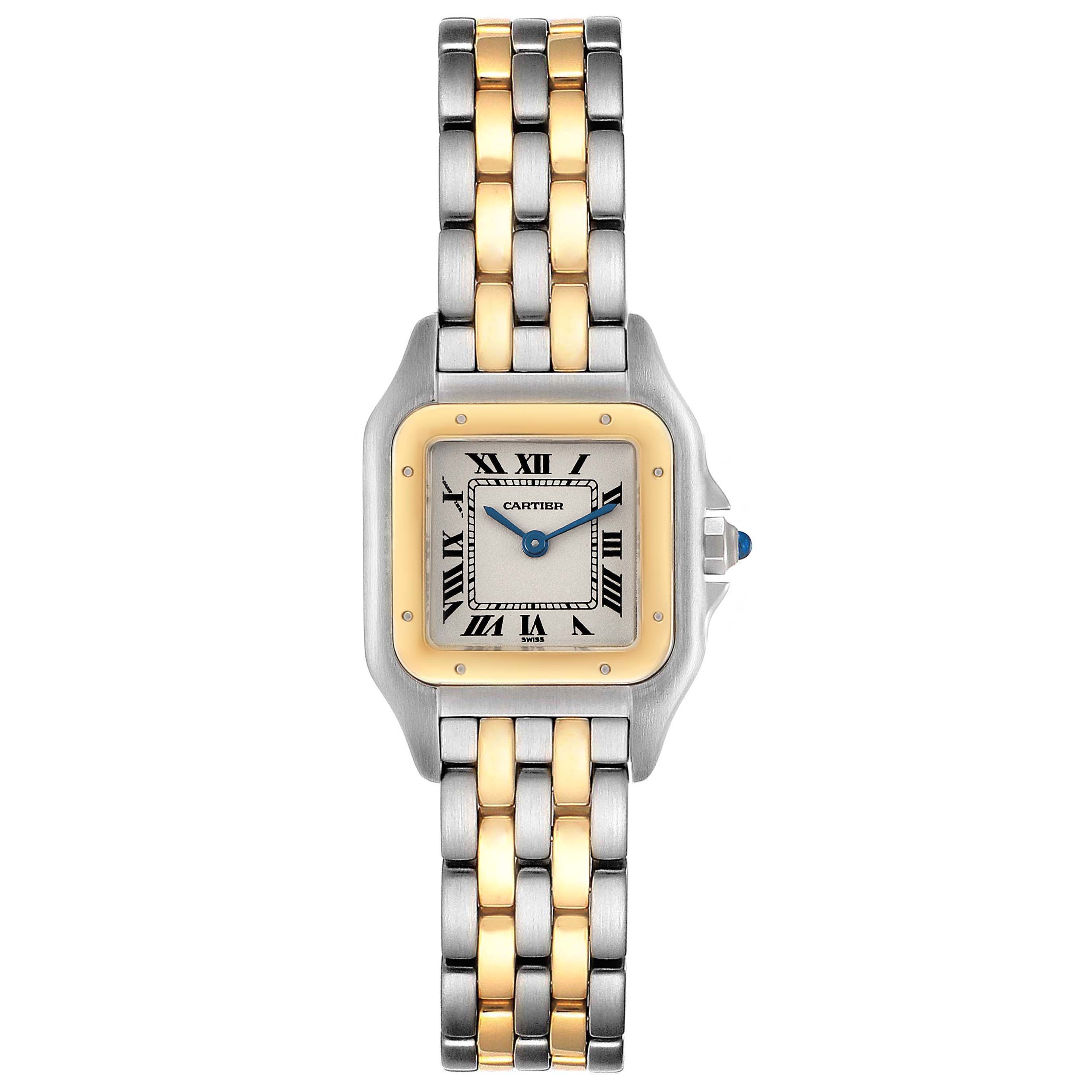 This Cartier Panthere W2502986 Women's Steel and Gold (two tone) Silver Dial W2502986 Women's Steel and Gold (two tone) Silver Dial watch is shown from a front angle, displaying its dual-tone bracelet and square dial with Roman numerals.
