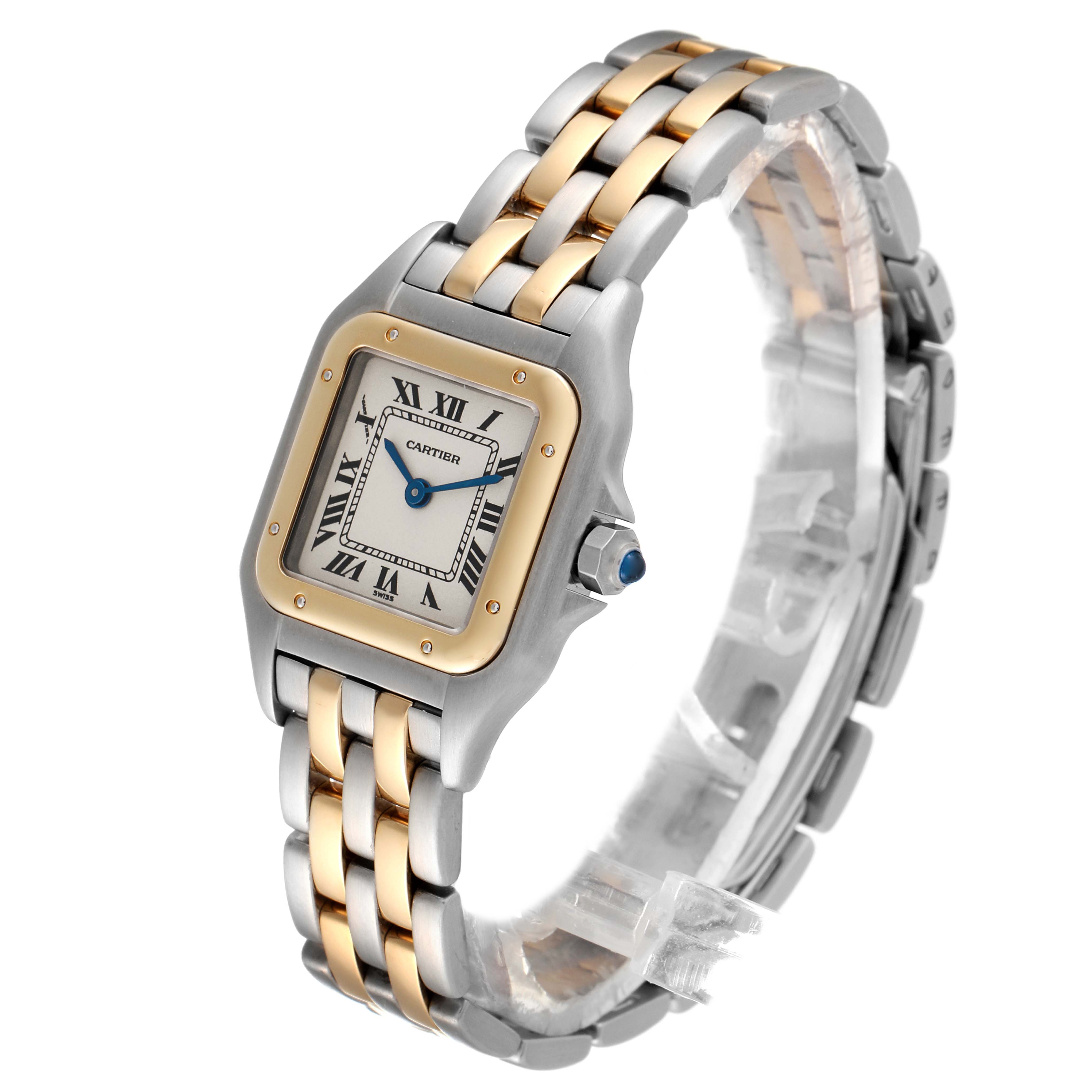 This image shows a side angle view of the Cartier Panthere W2502986 Women's Steel and Gold (two tone) Silver Dial W2502986 Women's Steel and Gold (two tone) Silver Dial watch, highlighting its two-tone bracelet, case, and dial.