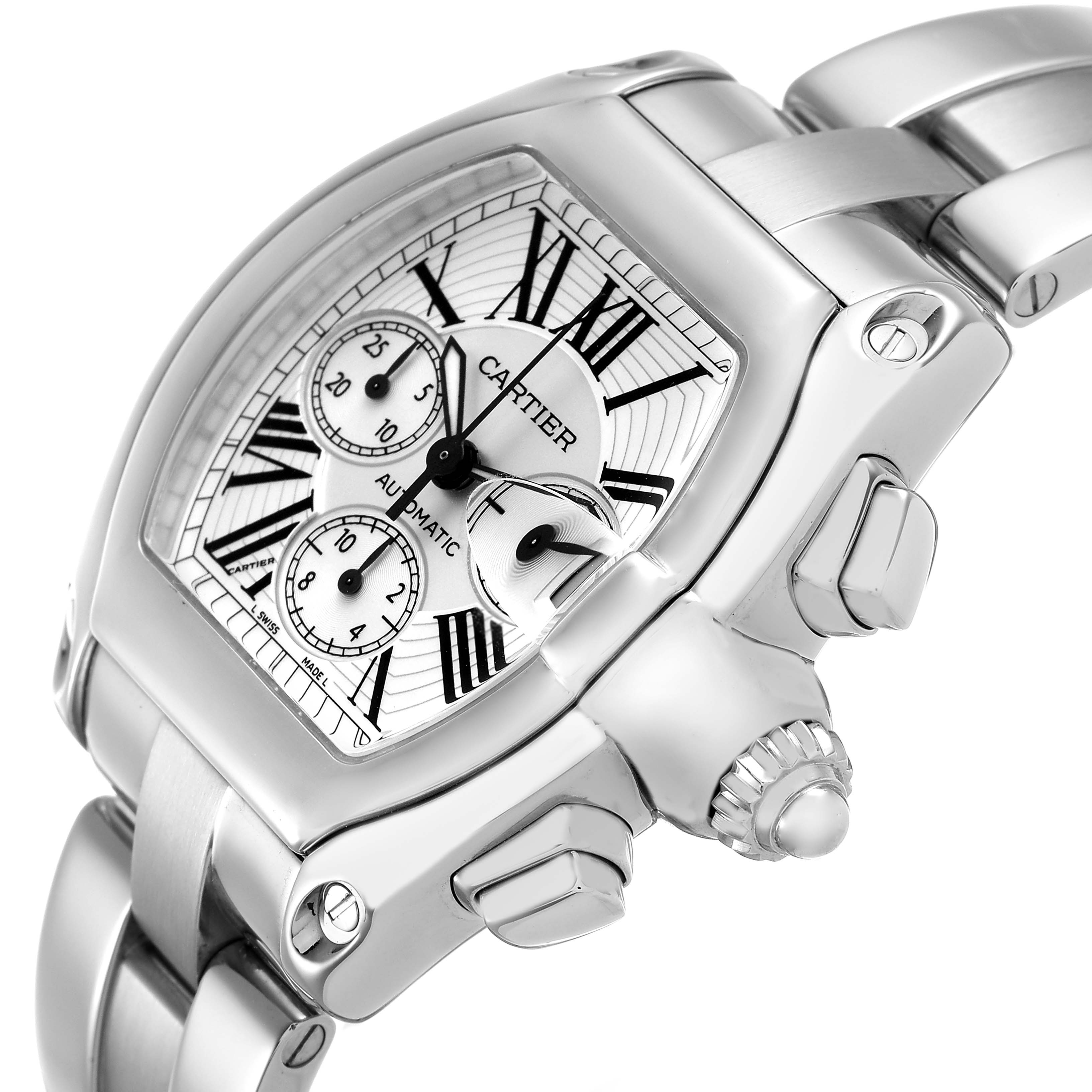 The Cartier Roadster W62019X6 Men's Stainless Steel Silver Dial watch is shown at an angled view, highlighting the face, crown, and part of the bracelet.