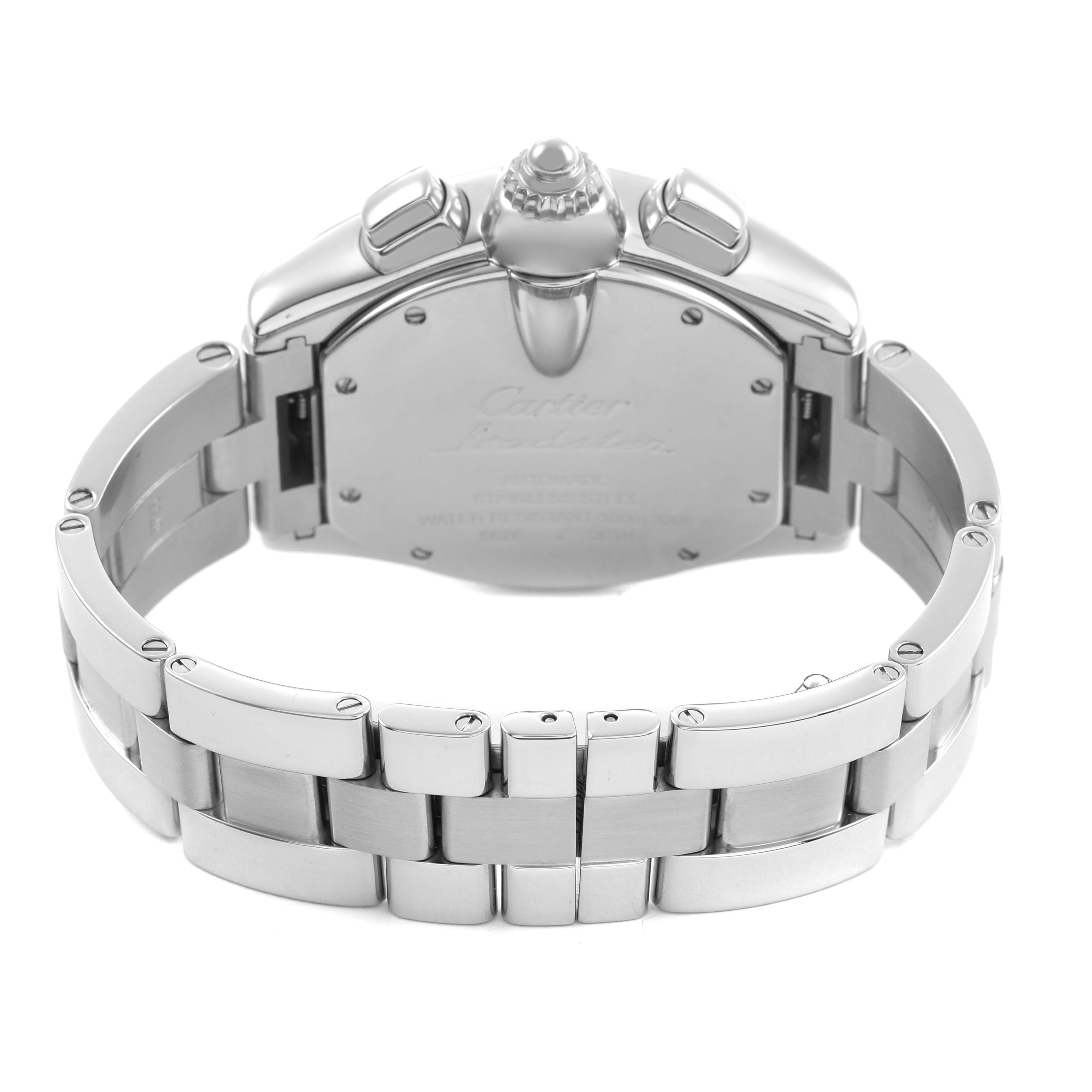 The Cartier Roadster W62019X6 Men's Stainless Steel Silver Dial watch is shown from the back, highlighting the clasp, bracelet, and case back.