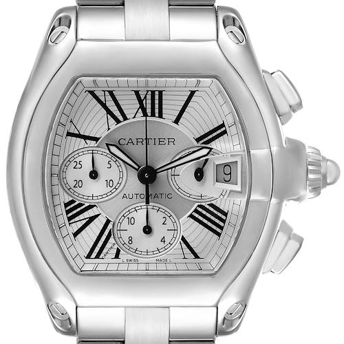 The Cartier Roadster W62019X6 Men's Stainless Steel Silver Dial watch is shown from the front, displaying its face, subdials, pushers, and bracelet.