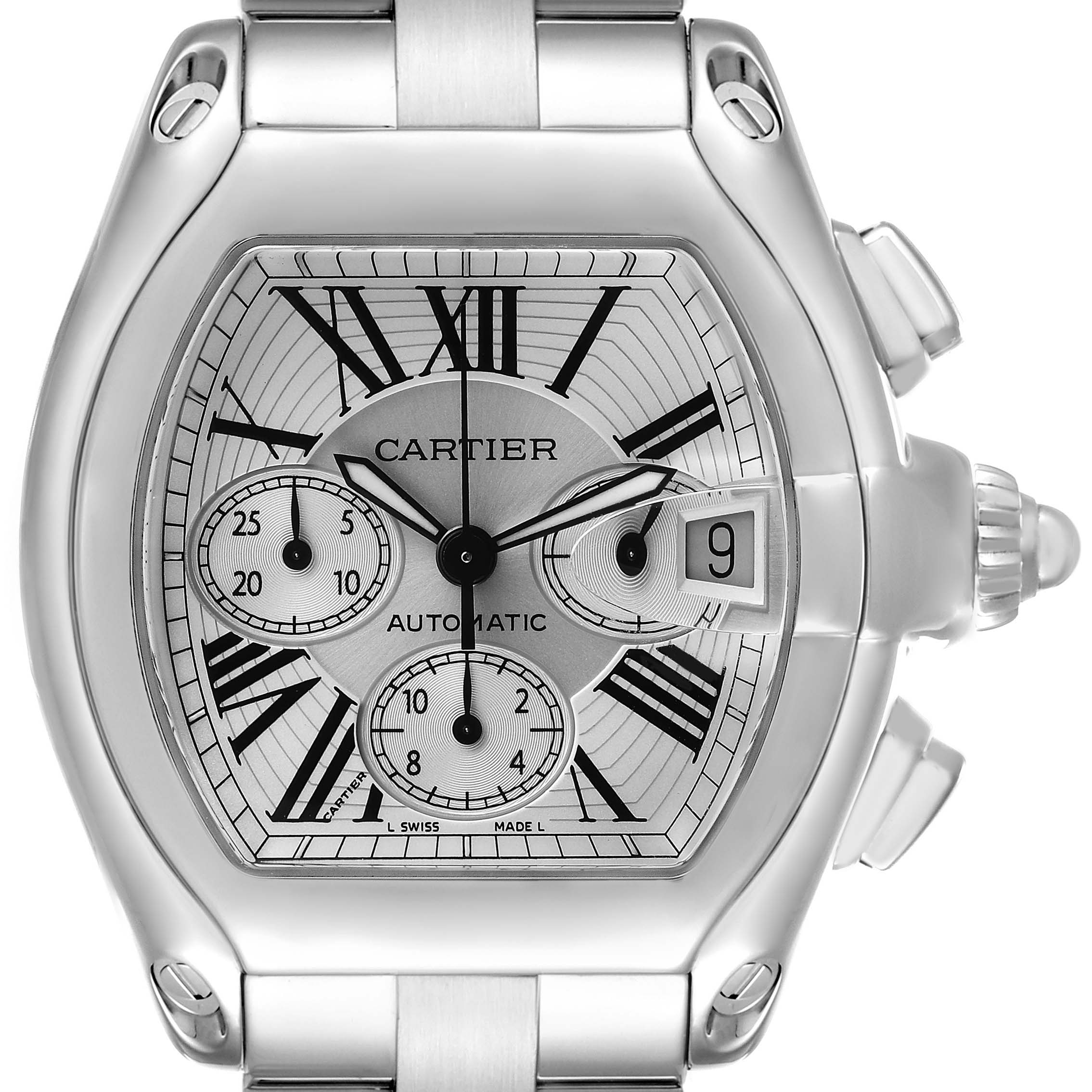 The Cartier Roadster W62019X6 Men's Stainless Steel Silver Dial watch is shown from a frontal angle, highlighting the dial, bezel, and crown.