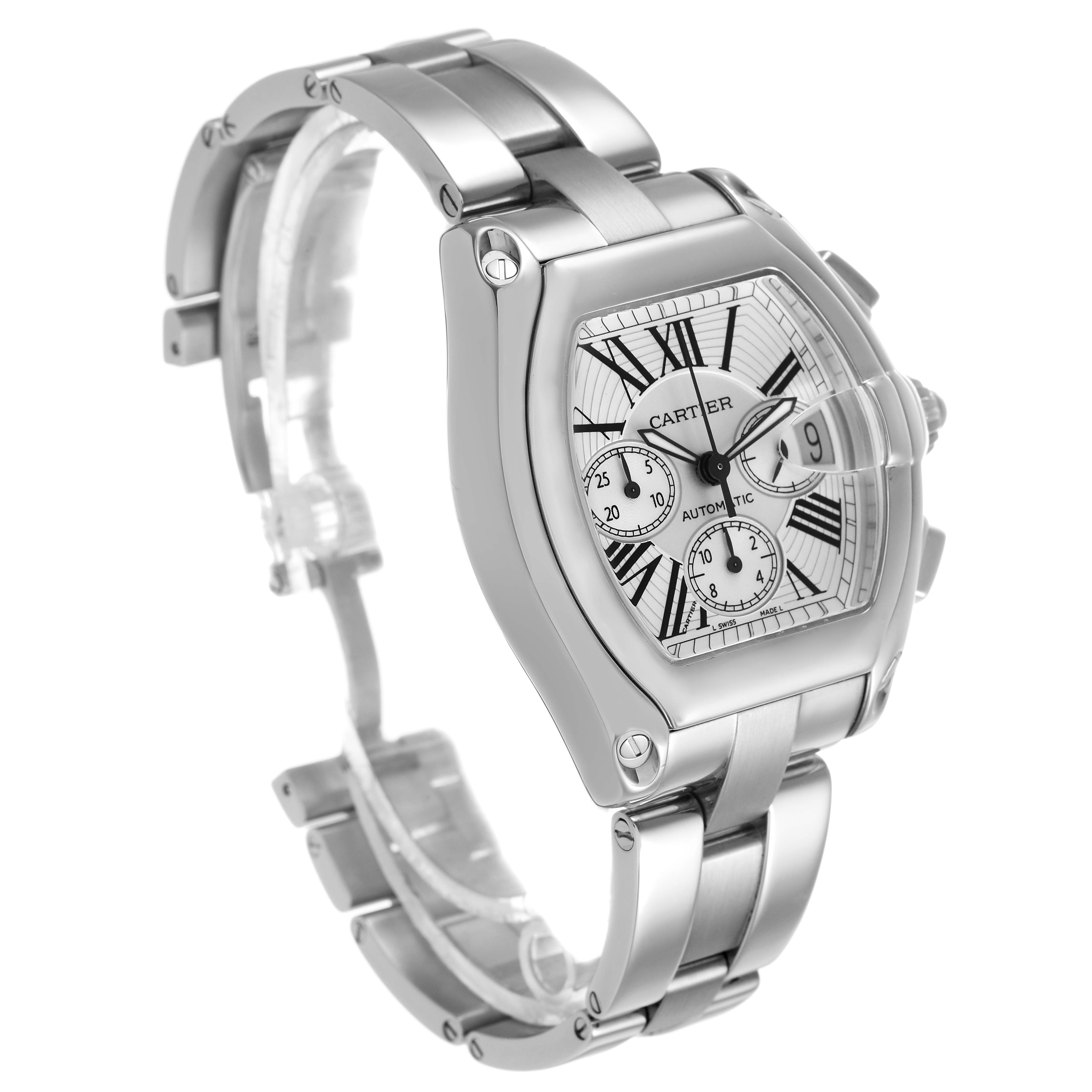 The Cartier Roadster W62019X6 Men's Stainless Steel Silver Dial watch is shown at a three-quarter angle, highlighting the case, dial, bracelet, and chronograph sub-dials.
