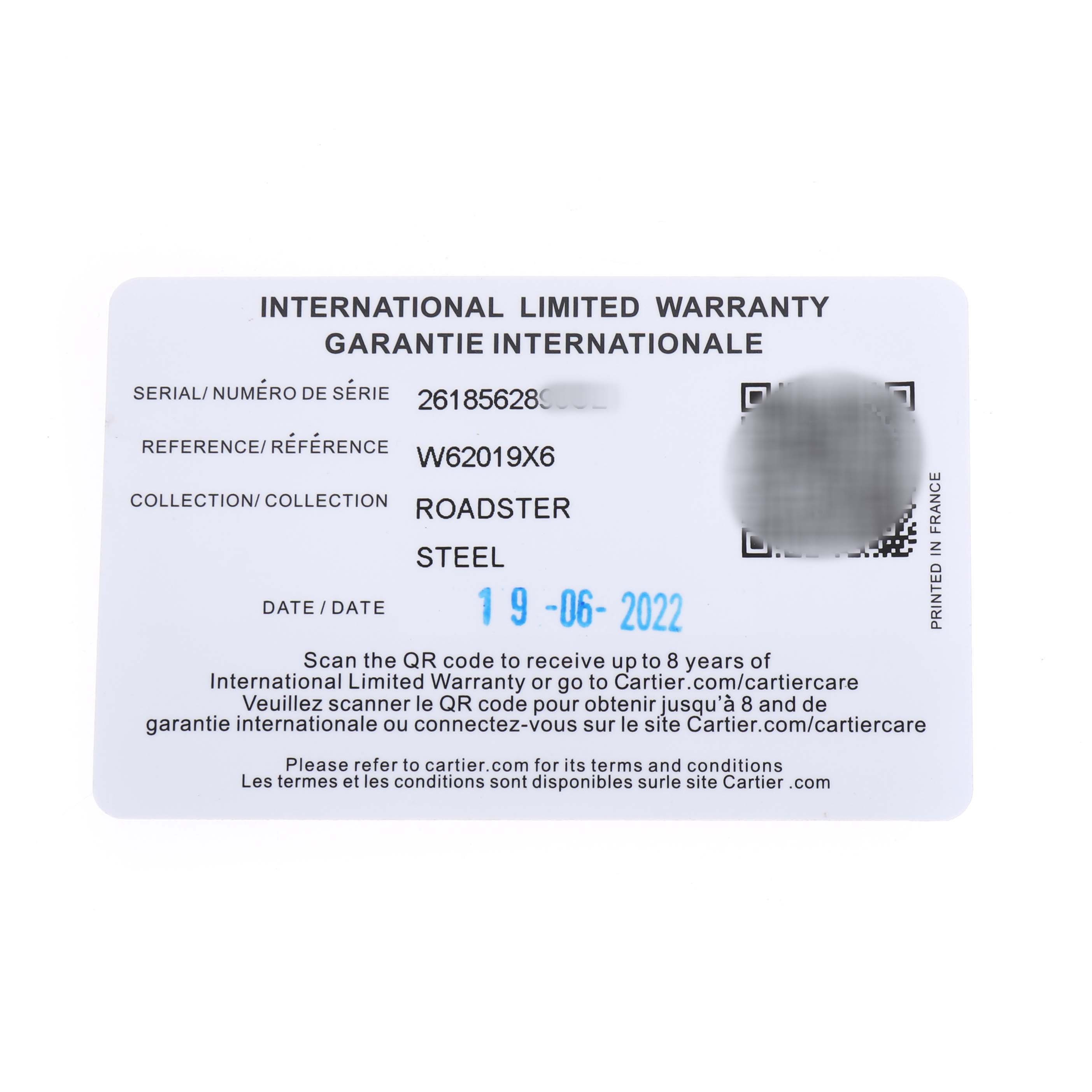 The image shows the warranty card for the Cartier Roadster W62019X6 Men's Stainless Steel Silver Dial watch, listing its serial and reference numbers.