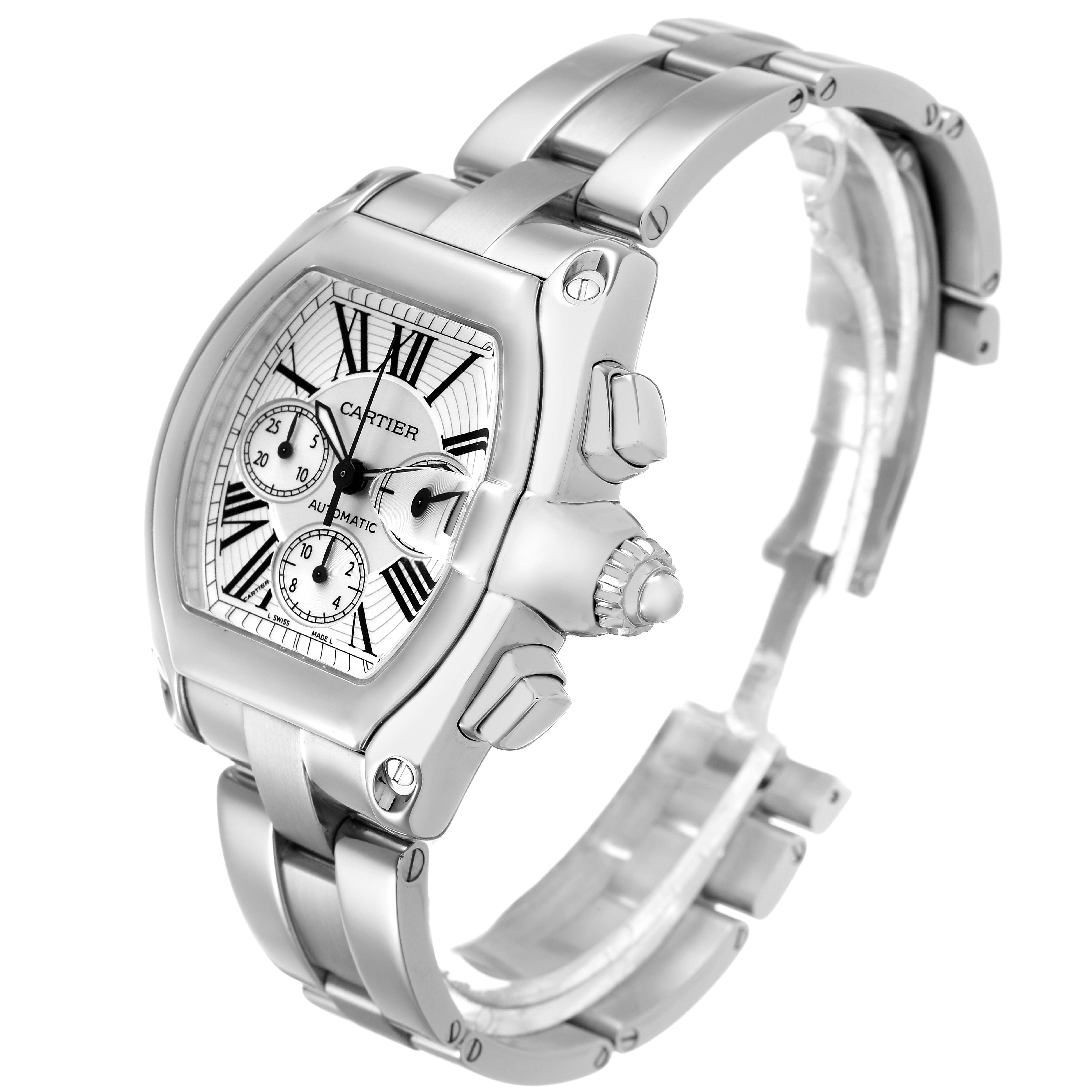 The Cartier Roadster W62019X6 Men's Stainless Steel Silver Dial watch is shown at a three-quarter view, highlighting the dial, crown, chronograph buttons, and metal bracelet.