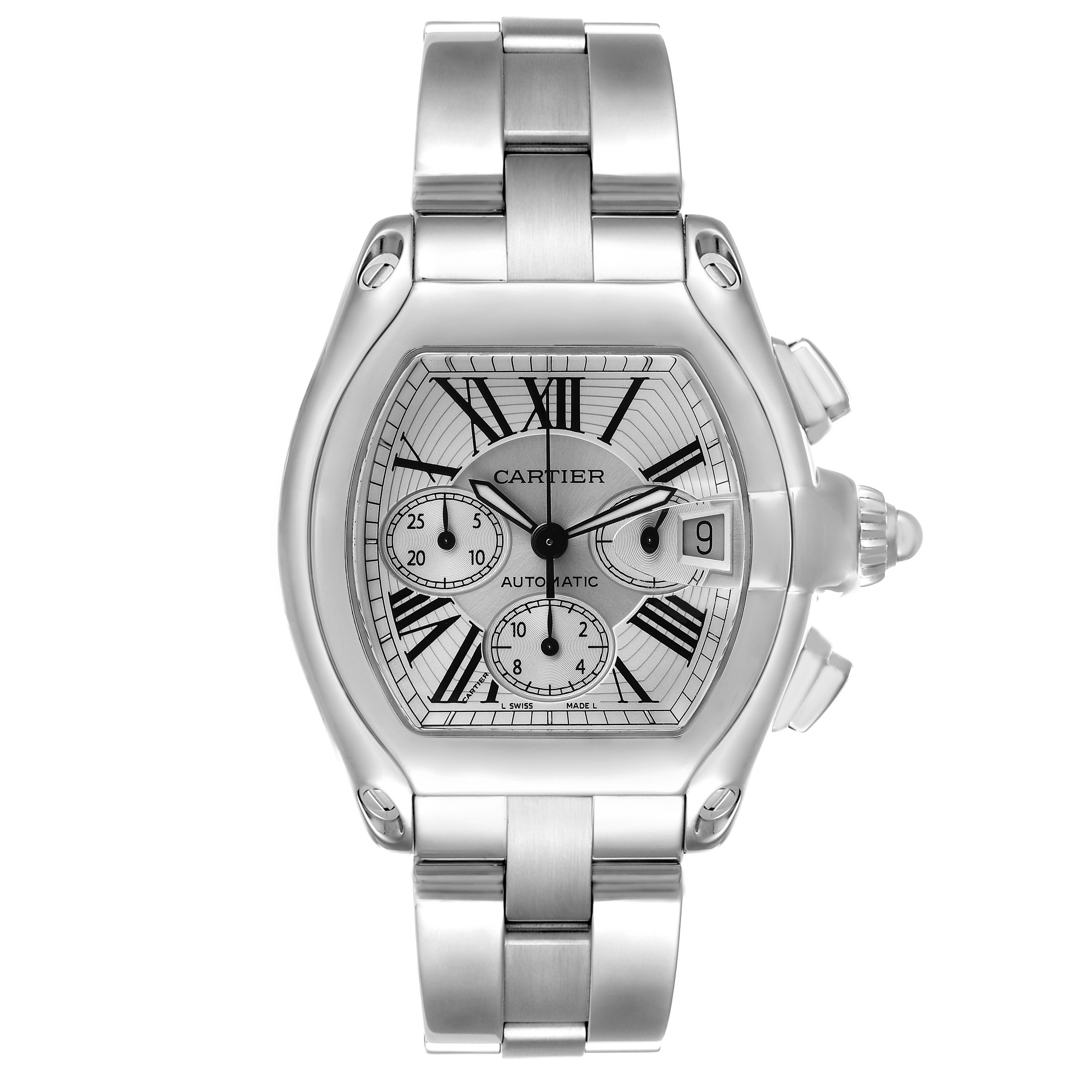 The Cartier Roadster W62019X6 Men's Stainless Steel Silver Dial watch is shown from a top-down angle, displaying the face, bracelet, and crown details.