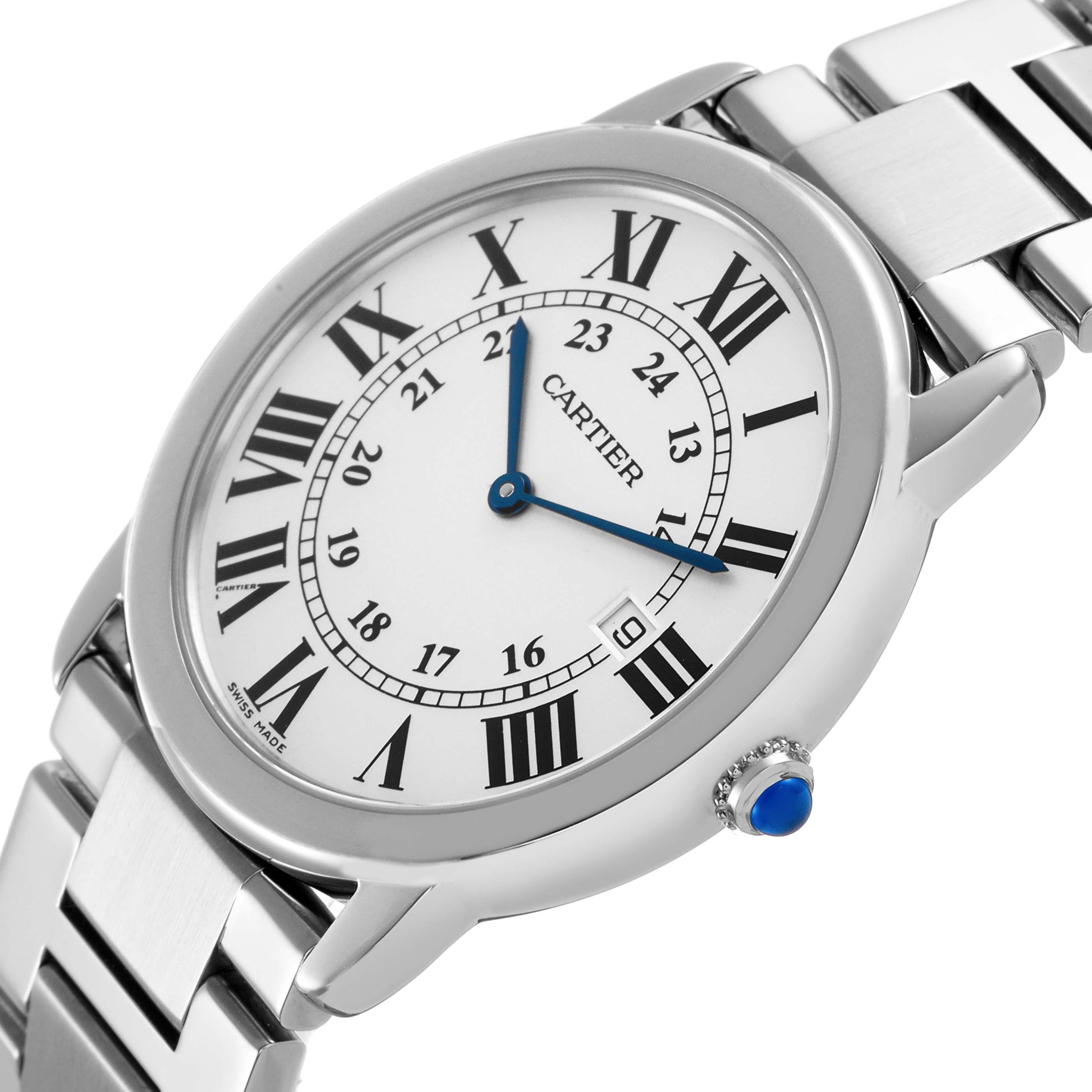 The Cartier Ronde W6701005 Men's Stainless Steel Silver Dial watch is shown from an angled close-up, highlighting the face, crown, and part of the bracelet.
