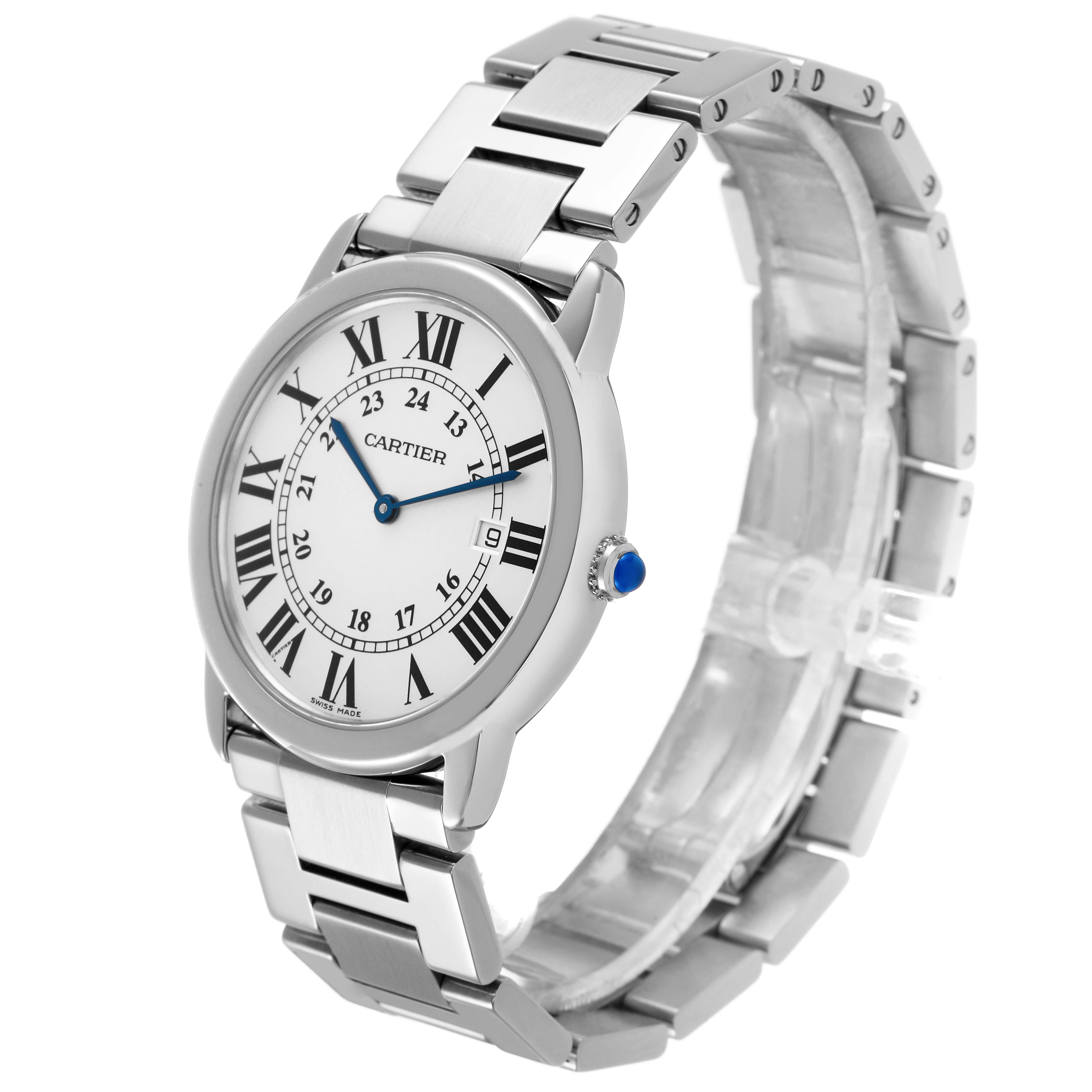 The Cartier Ronde W6701005 Men's Stainless Steel Silver Dial model watch is shown at a three-quarter angle, highlighting its face, Roman numerals, and metal bracelet.