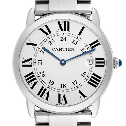 The Cartier Ronde W6701005 Men's Stainless Steel Silver Dial watch is shown from a front angle, highlighting its dial, hands, bezel, and partial bracelet, along with a visible crown.