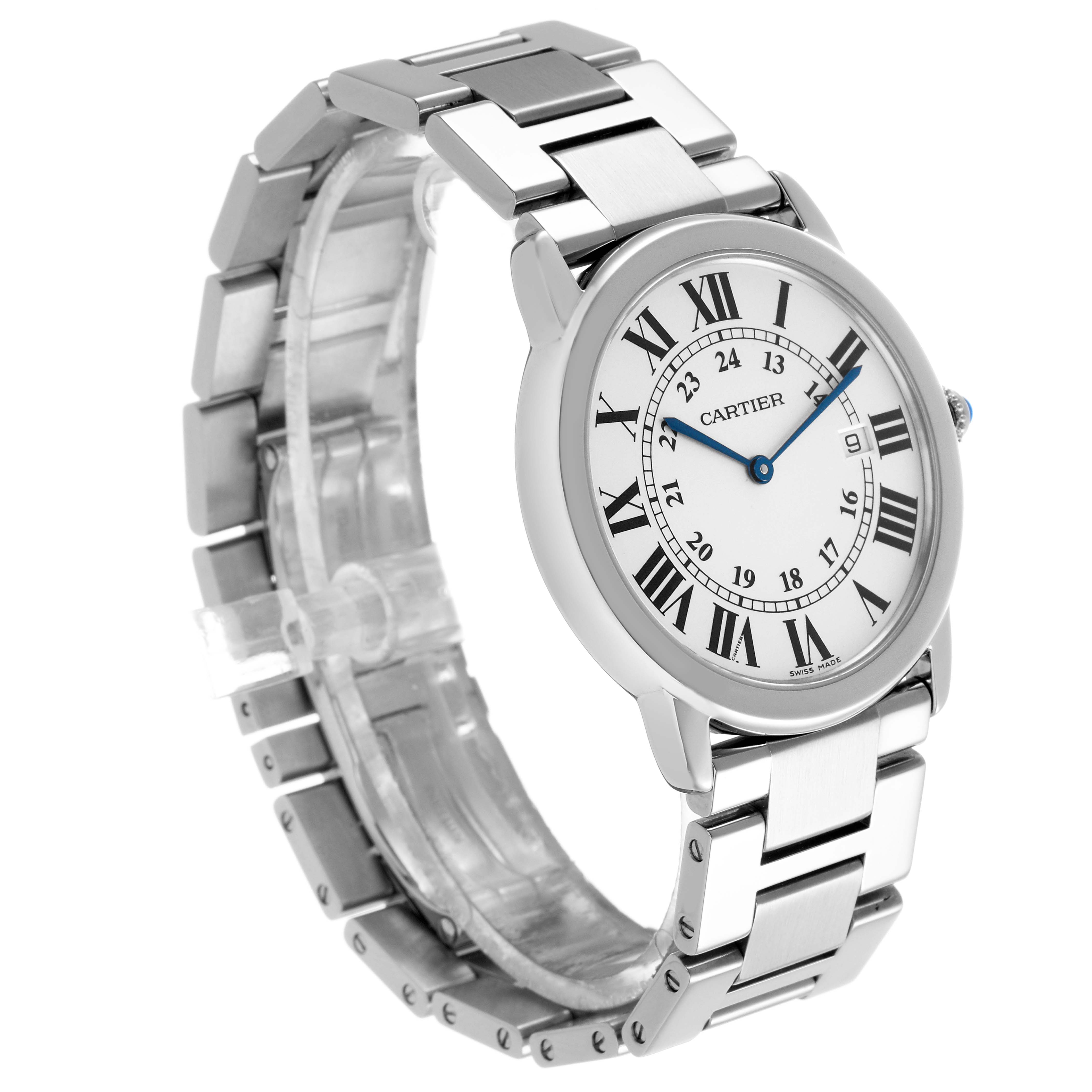 The Cartier Ronde W6701005 Men's Stainless Steel Silver Dial watch is shown at a three-quarter angle, highlighting its round face, Roman numerals, and metal bracelet.
