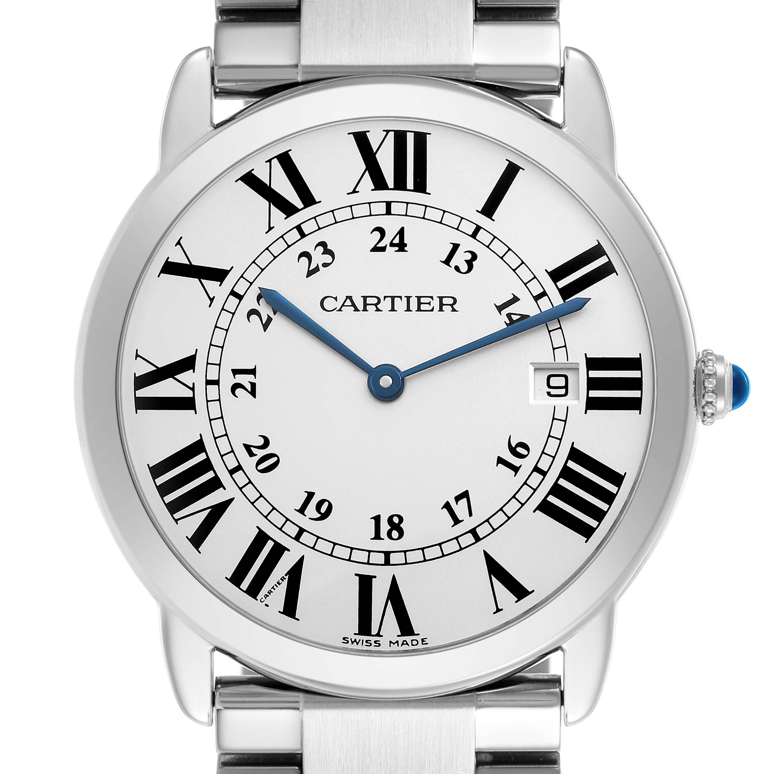 The image shows a frontal view of the Cartier Ronde W6701005 Men's Stainless Steel Silver Dial watch, highlighting its dial, hands, and polished metal bracelet.