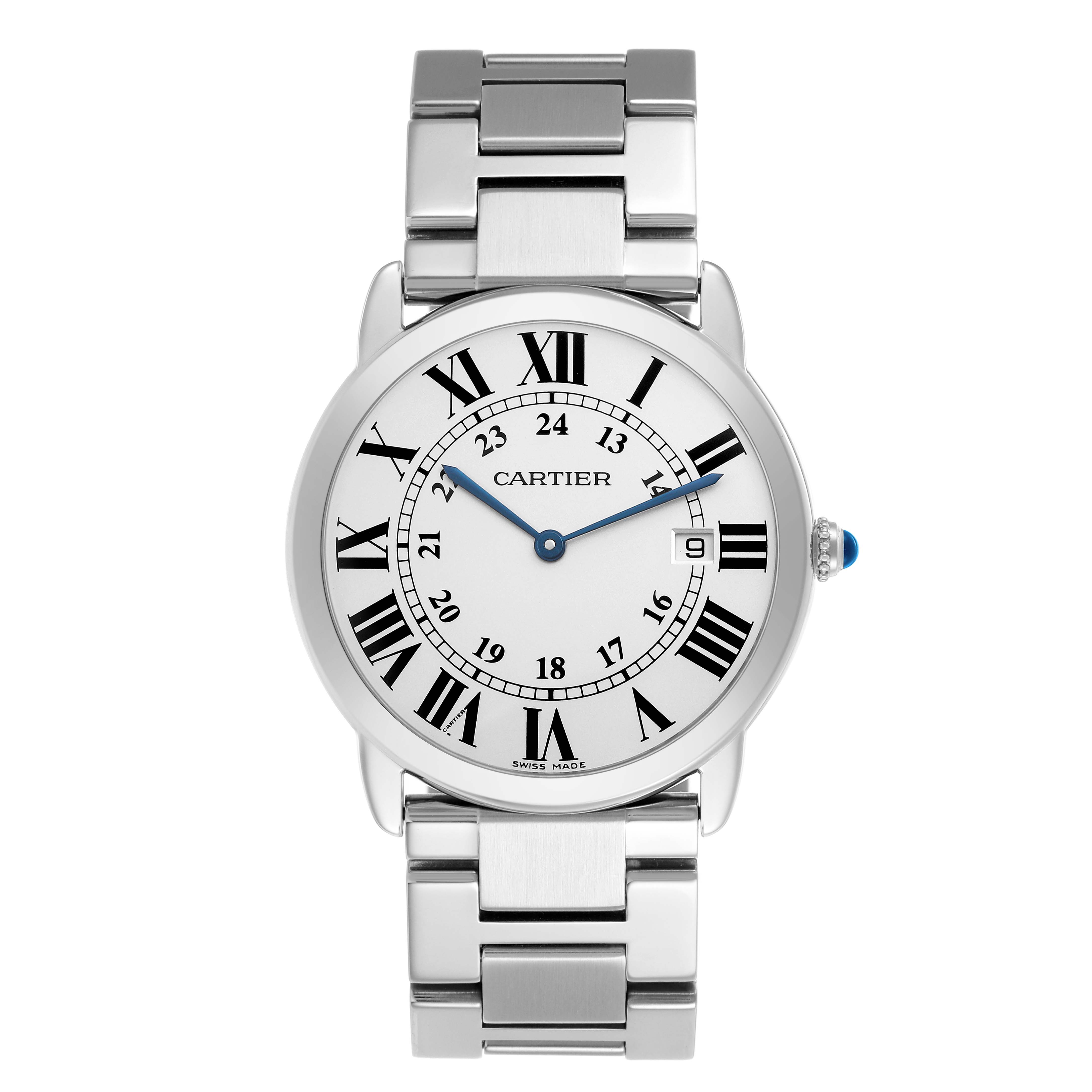 The Cartier Ronde W6701005 Men's Stainless Steel Silver Dial watch is shown from the front, displaying its dial, bracelet, and crown with a blue gem.