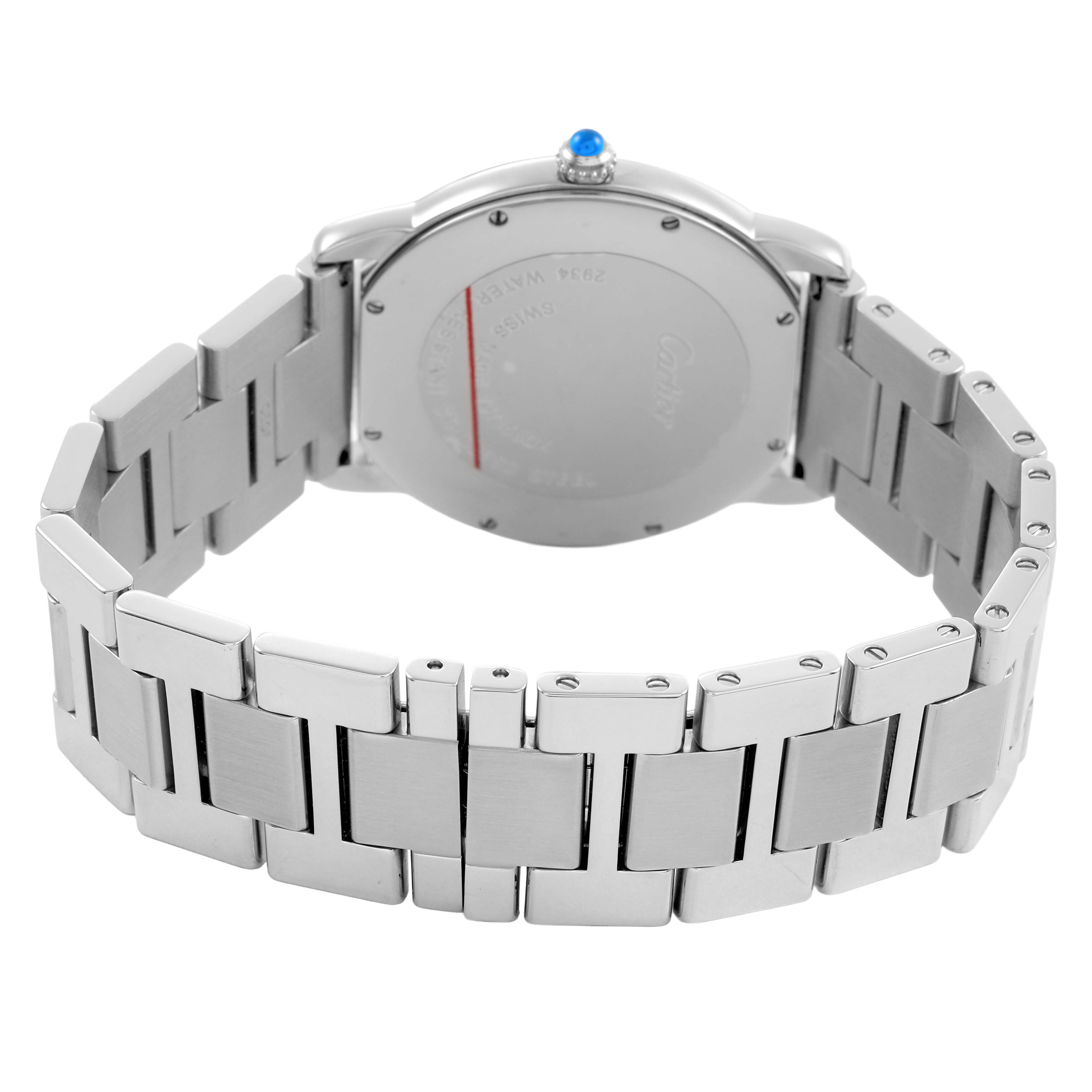 The Cartier Ronde W6701005 Men's Stainless Steel Silver Dial watch is shown from the back, highlighting its bracelet and case back with a blue cabochon crown.