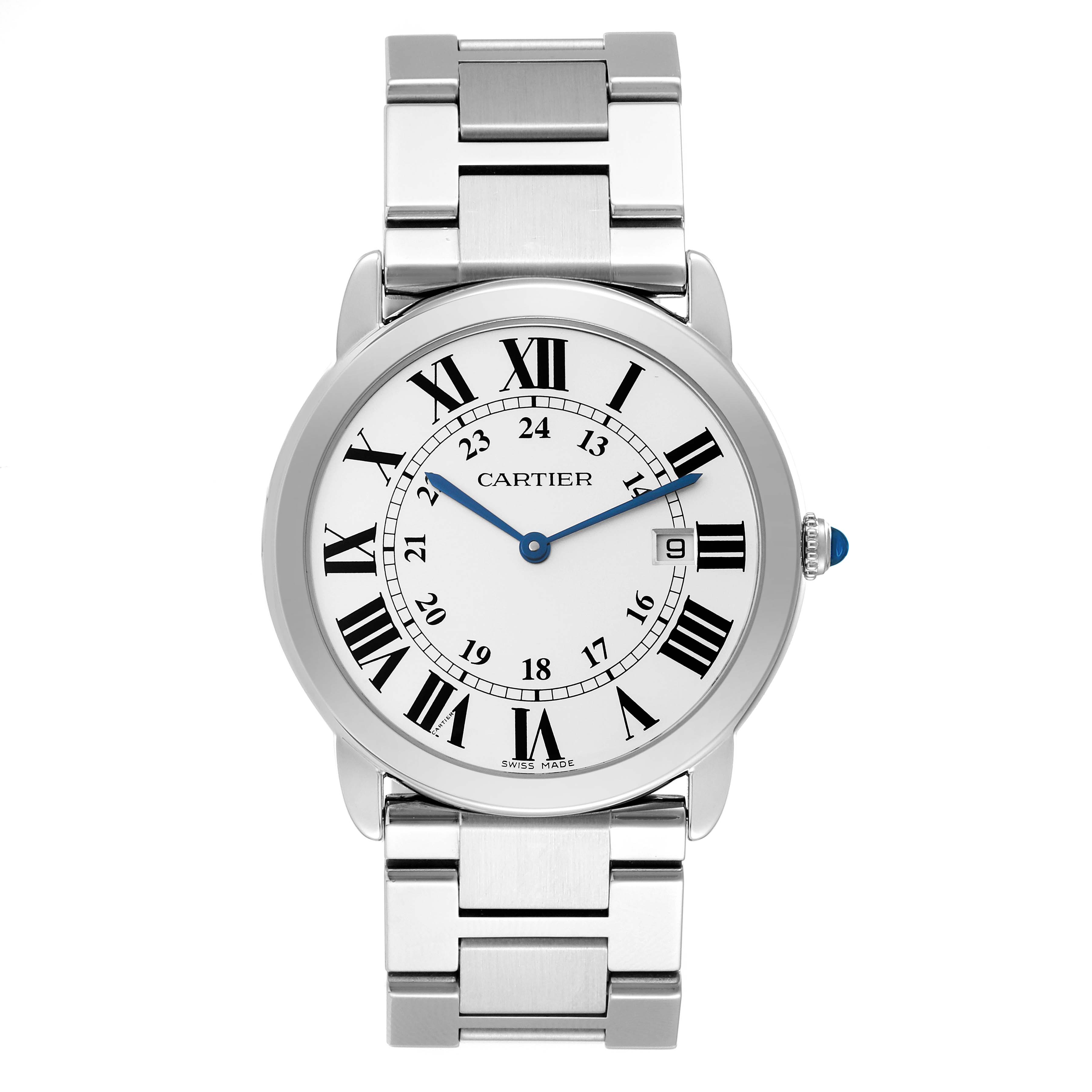 The image shows a front view of the Cartier Ronde W6701005 Men
s Stainless Steel Silver Dial W6701005 Men
s Stainless Steel Silver Dial model watch, featuring its face and metal bracelet.