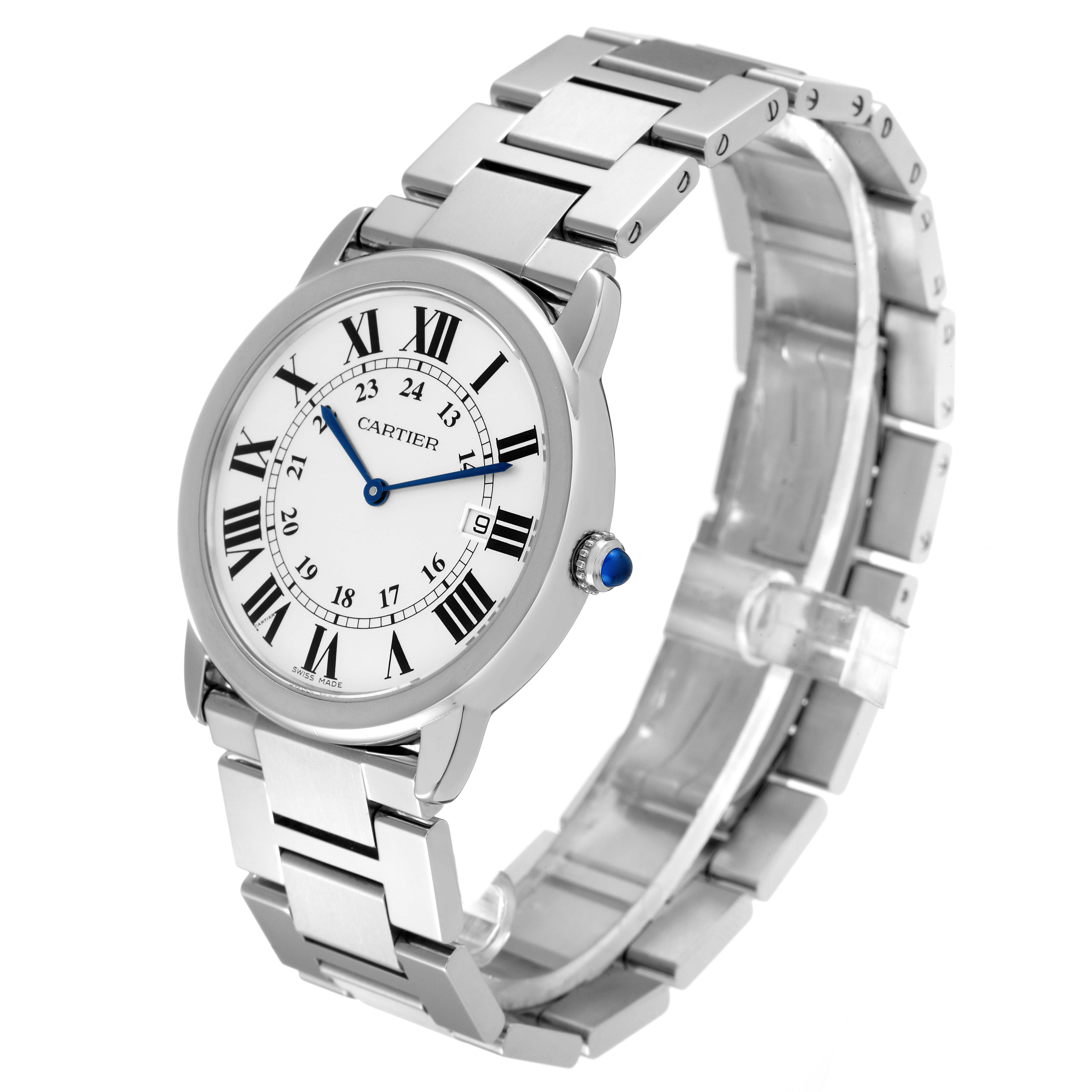 The image shows a Cartier Ronde W6701005 Men
s Stainless Steel Silver Dial W6701005 Men
s Stainless Steel Silver Dial watch at a slight angle, featuring the face, bezel, crown, and metal bracelet.