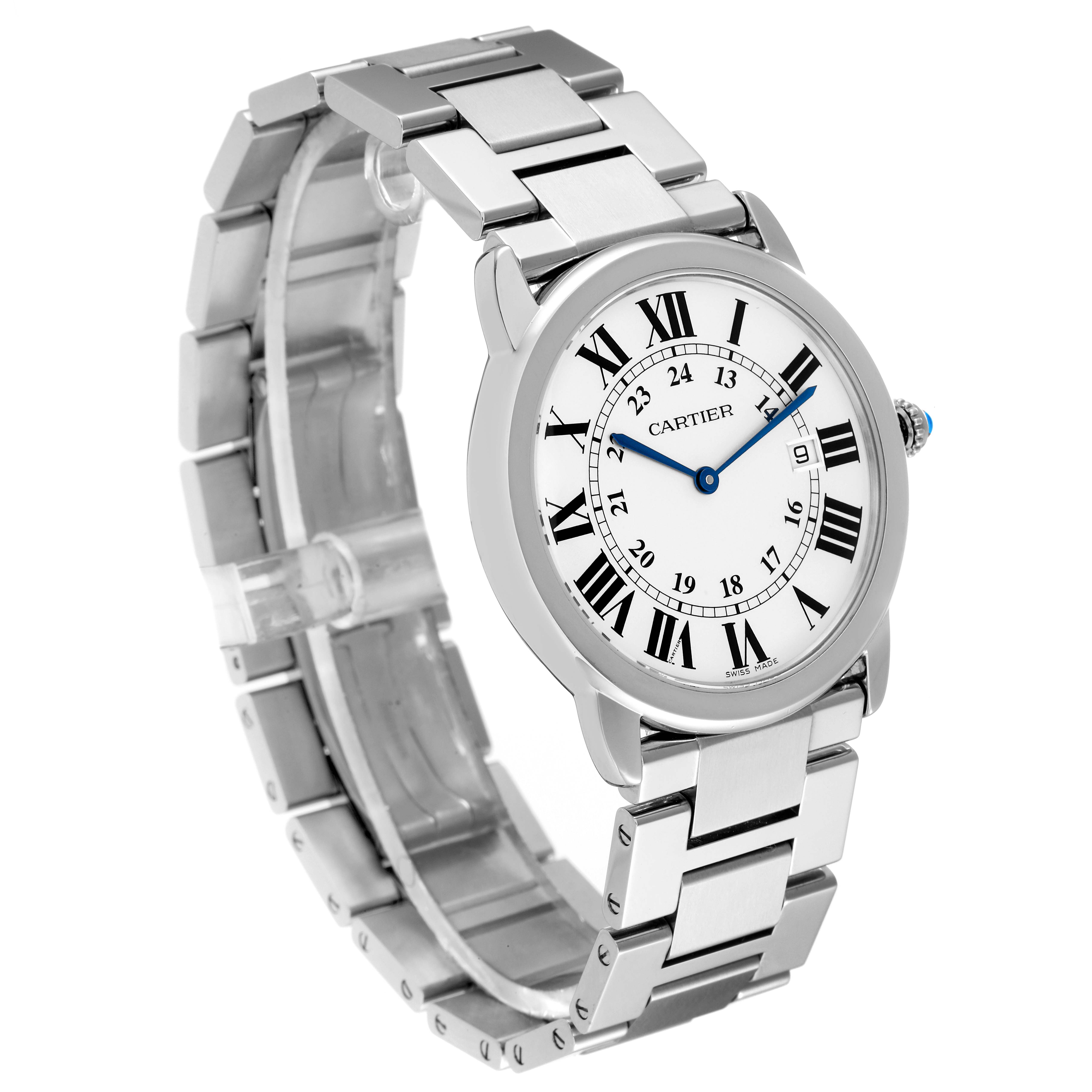The Cartier Ronde W6701005 Men
s Stainless Steel Silver Dial W6701005 Men
s Stainless Steel Silver Dial watch is shown at a three-quarter angle, displaying its face, bracelet, and crown.