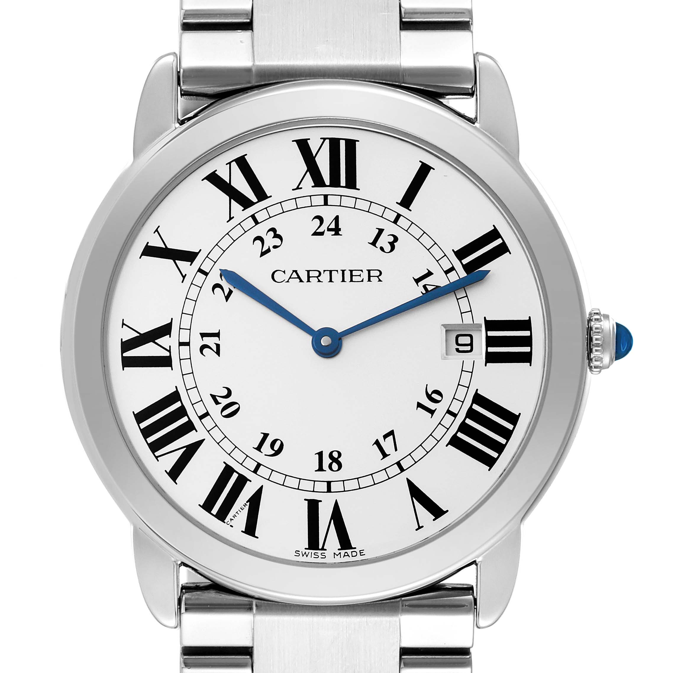 The image shows a frontal view of the Cartier Ronde W6701005 Men
s Stainless Steel Silver Dial W6701005 Men
s Stainless Steel Silver Dial model watch, displaying the dial, hands, date window, and part of the bracelet.