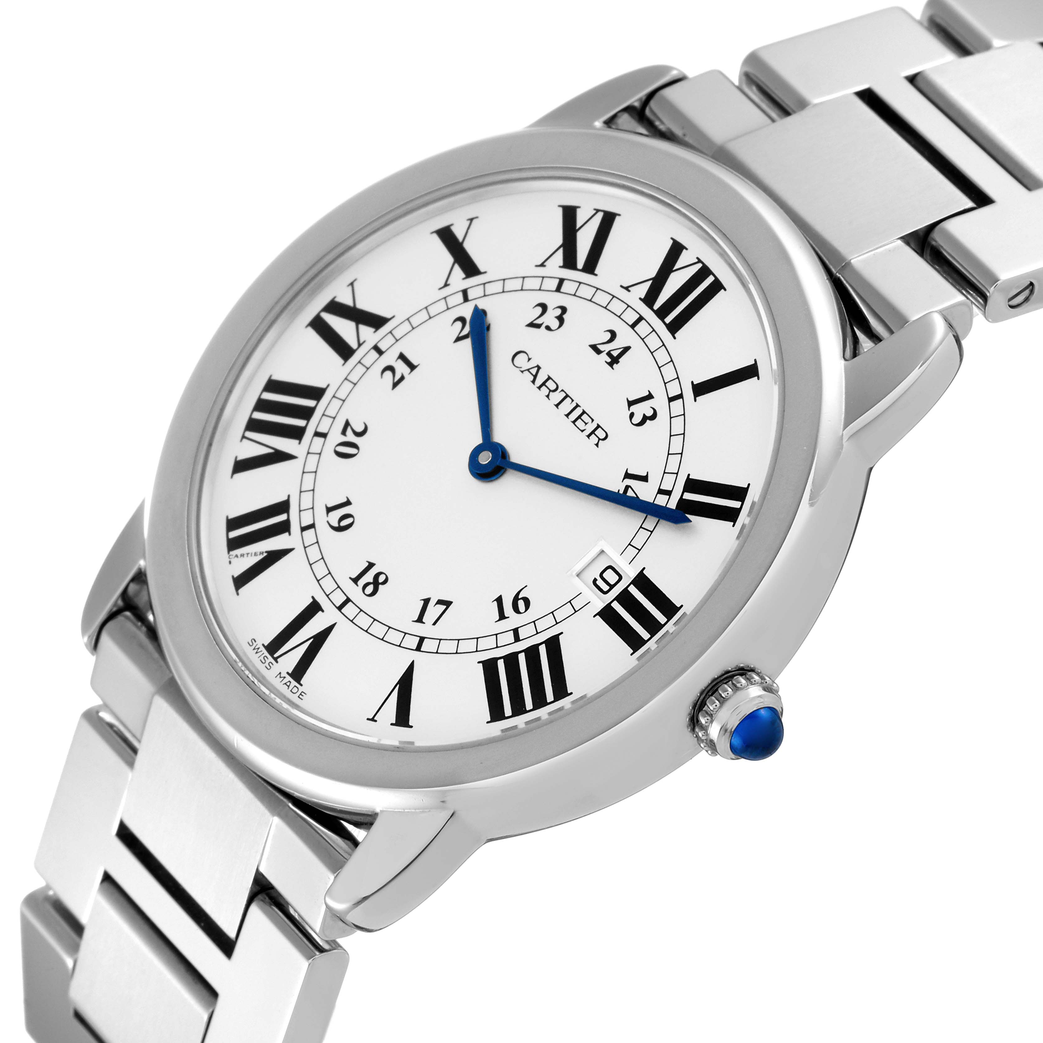 The image shows the face and partial bracelet of a Cartier Ronde W6701005 Men
s Stainless Steel Silver Dial W6701005 Men
s Stainless Steel Silver Dial watch, viewed from a three-quarter angle.