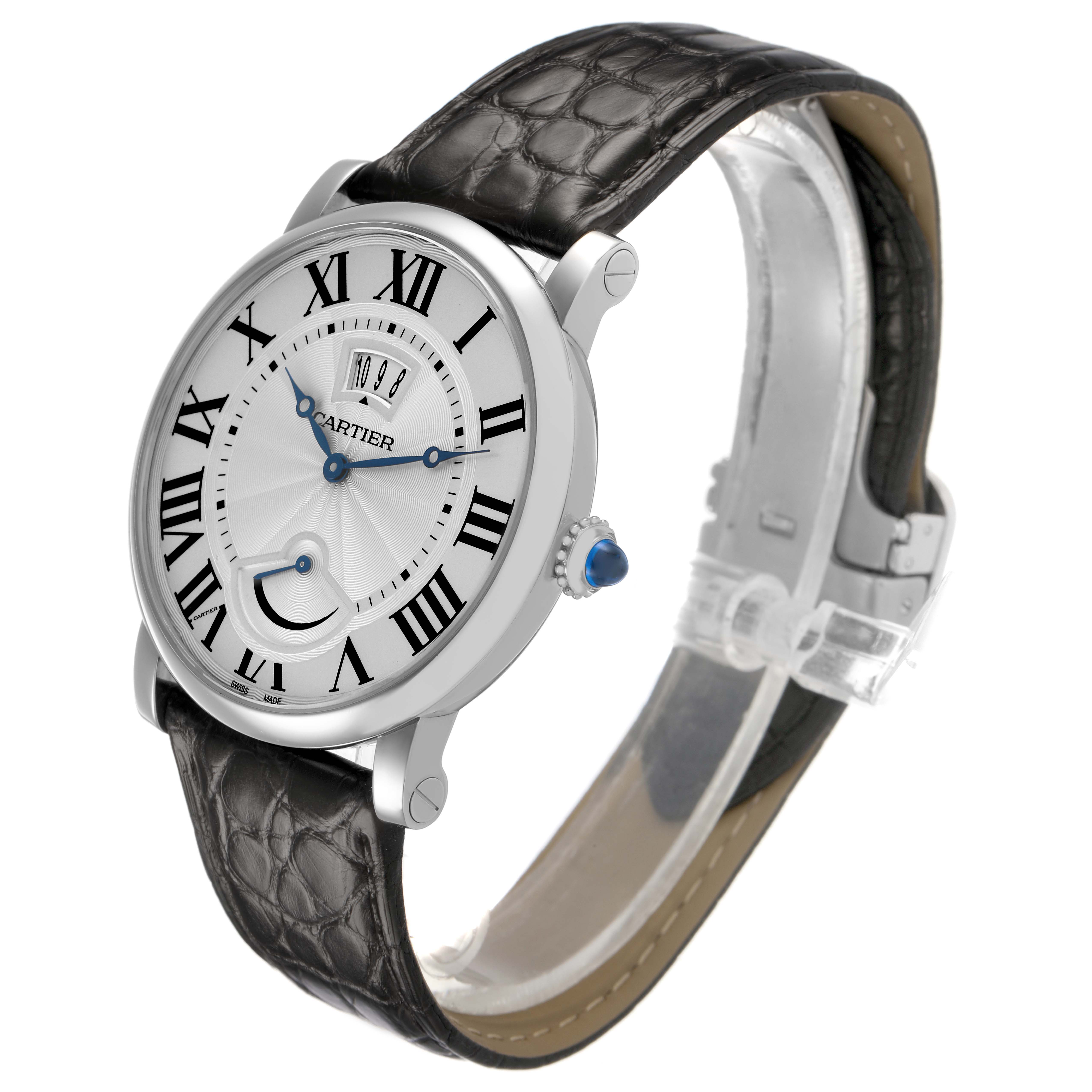 The Cartier Rotonde W1556369 Men's Stainless Steel White Dial watch is shown at an angled view, highlighting its dial, crown, and leather strap.