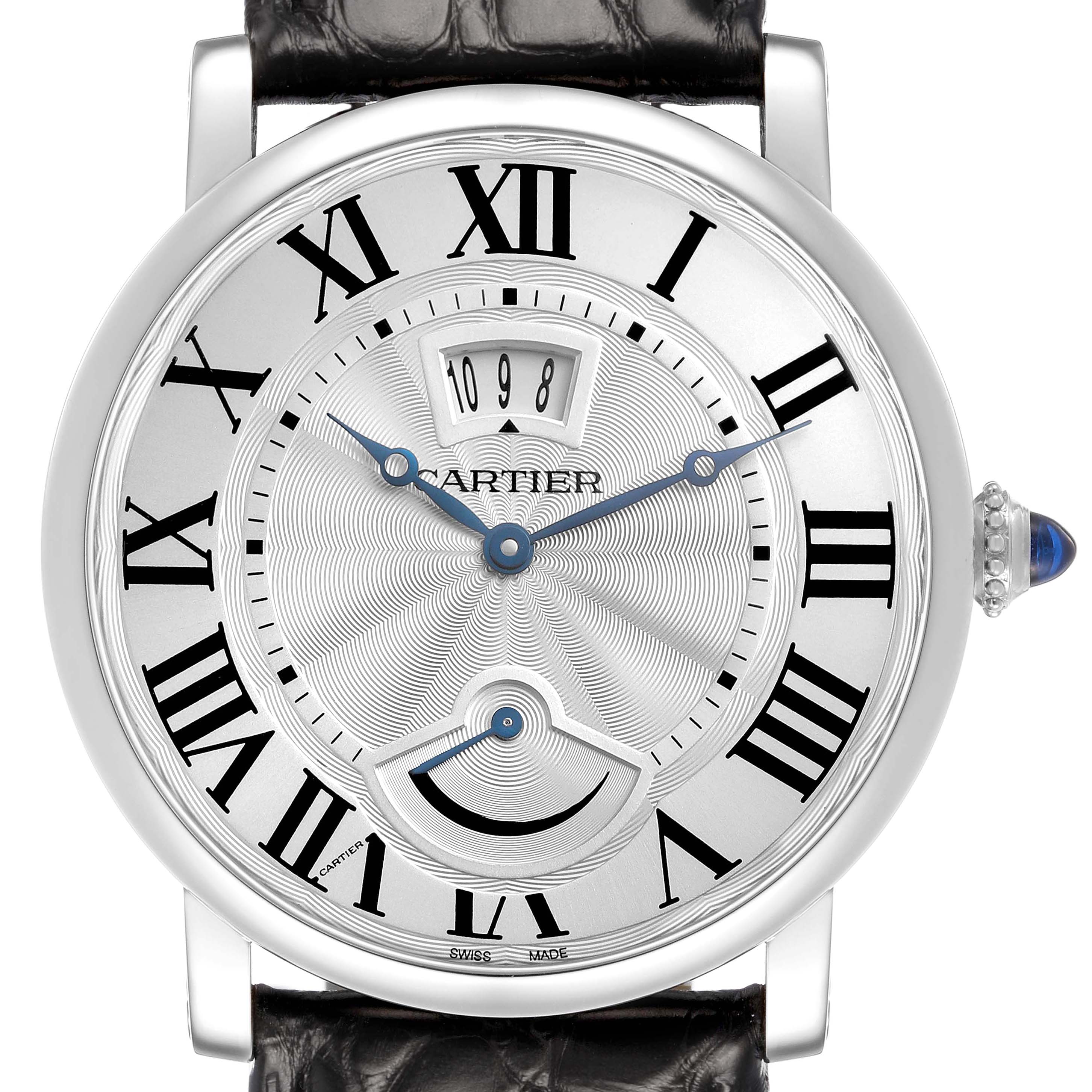 The Cartier Rotonde W1556369 Men's Stainless Steel White Dial watch is shown from the front, displaying the dial and Roman numerals, with a visible crown and strap.