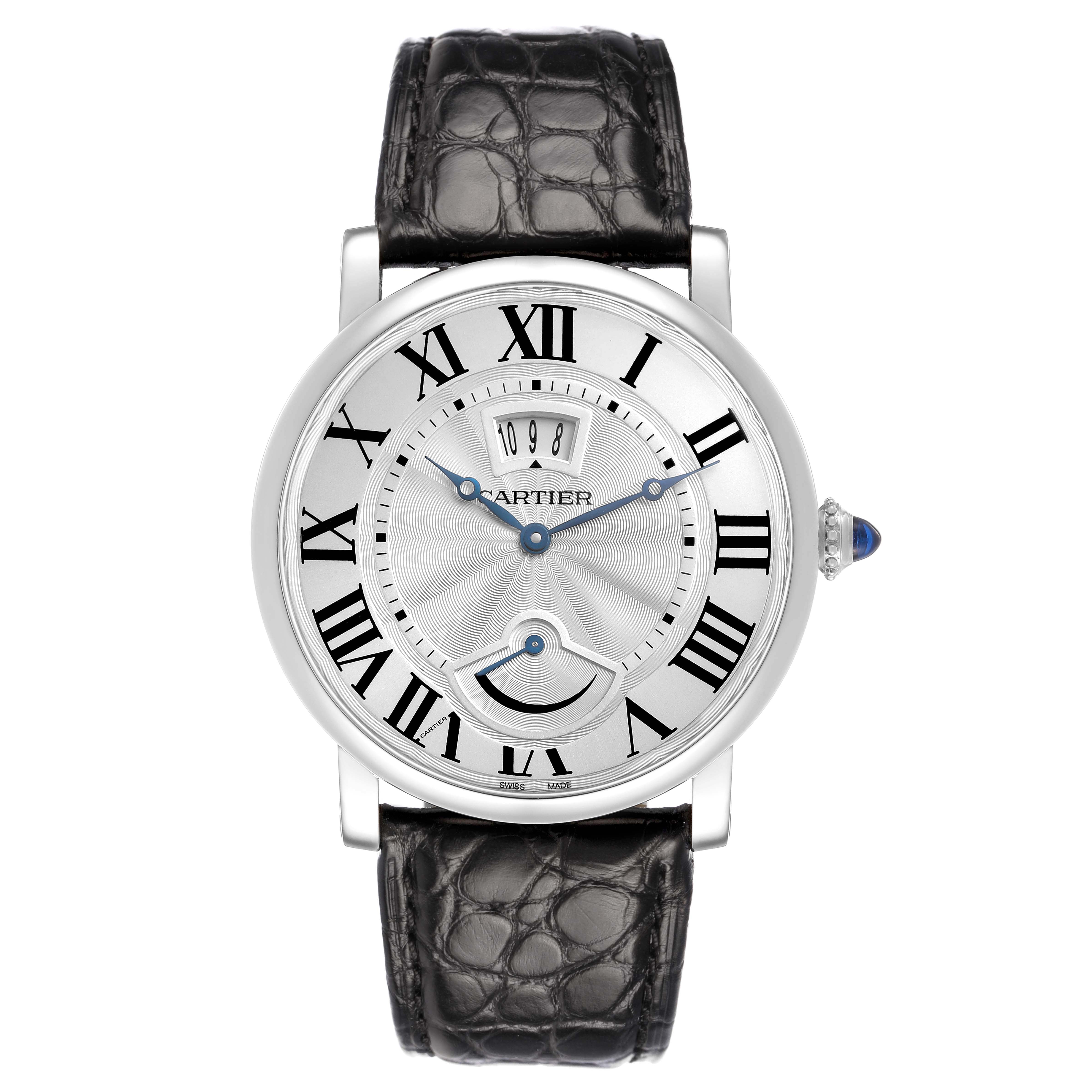 The Cartier Rotonde W1556369 Men's Stainless Steel White Dial watch is shown from a front angle, highlighting its face, Roman numeral markers, and leather strap.