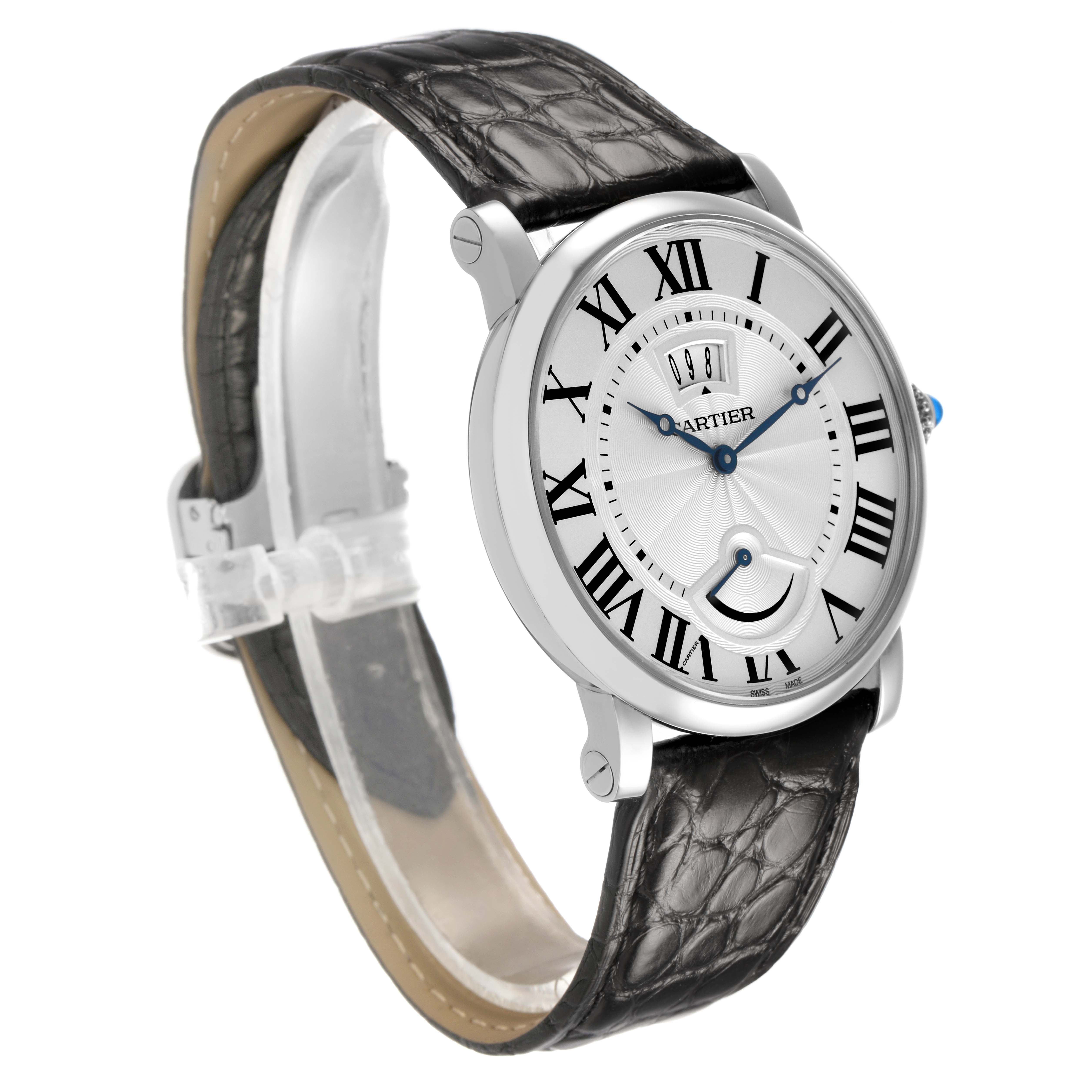 The Cartier Rotonde W1556369 Men's Stainless Steel White Dial watch is shown at a three-quarter angle, highlighting the face, leather strap, and side profile.