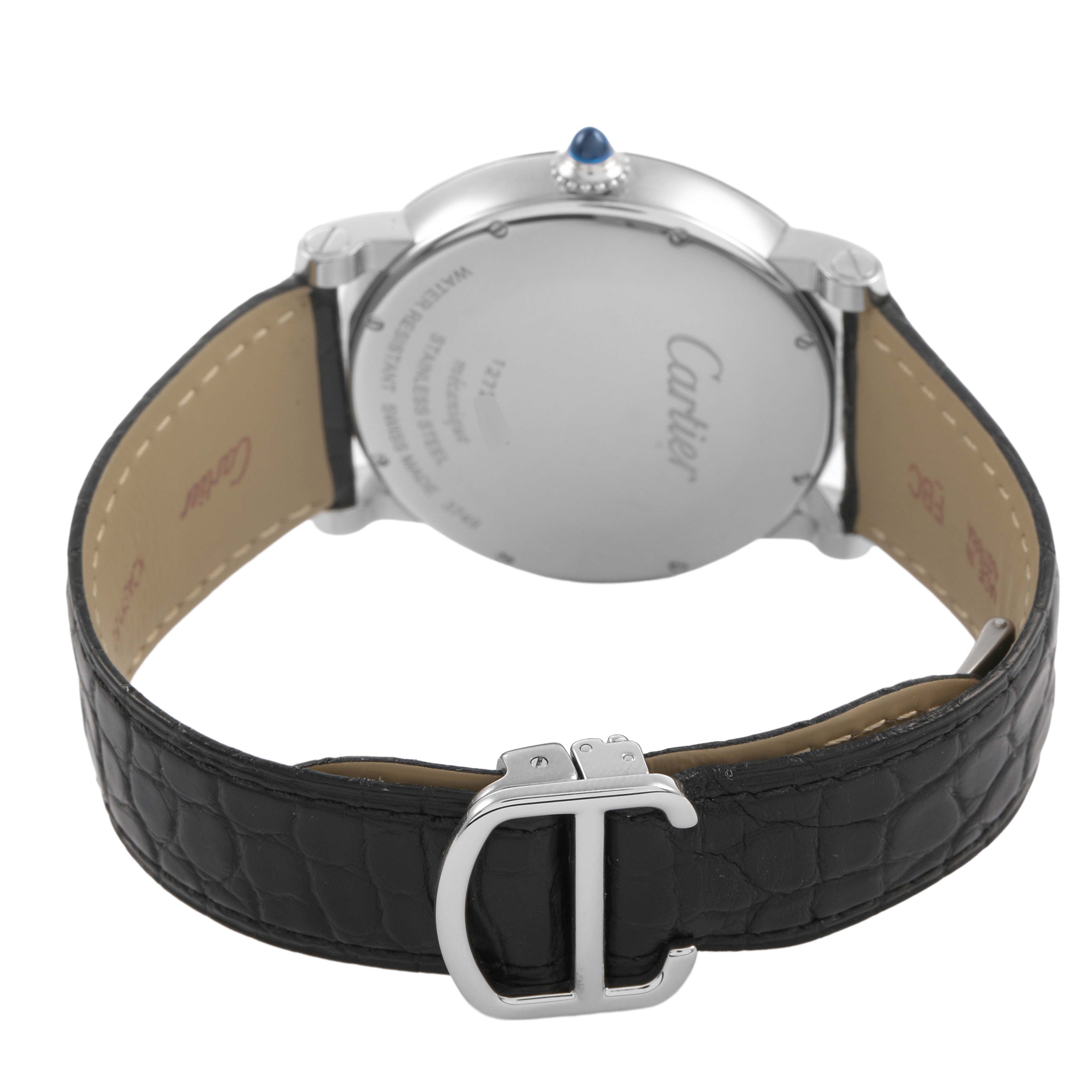 The Rotonde model by Cartier is shown from a rear angle, highlighting the back case, crown, and leather strap with a buckle.